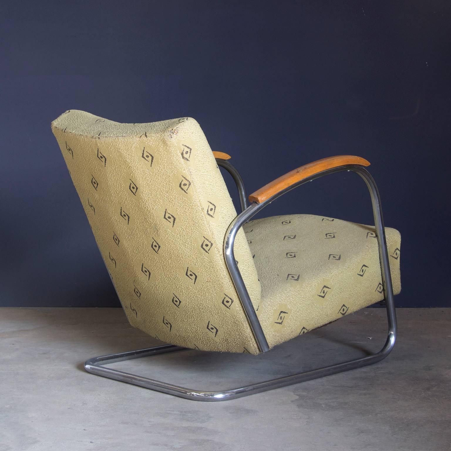 Mid-Century Modern Original, Early Vintage Tubular Easy Chair with Original Fabric, circa 1930 For Sale