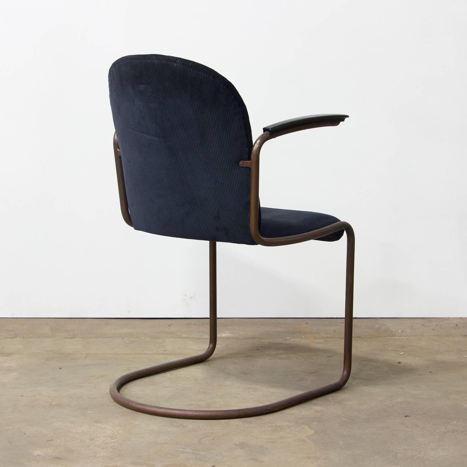 Mid-Century Modern 1935, W.H. Gispen for Gispen, Copper, 413R Side Chair in Blue Corduroi Fabric For Sale