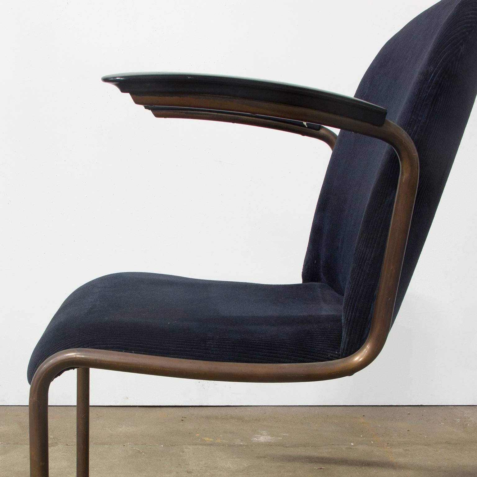 Mid-20th Century 1935, W.H. Gispen for Gispen, Copper, 413R Side Chair in Blue Corduroi Fabric For Sale