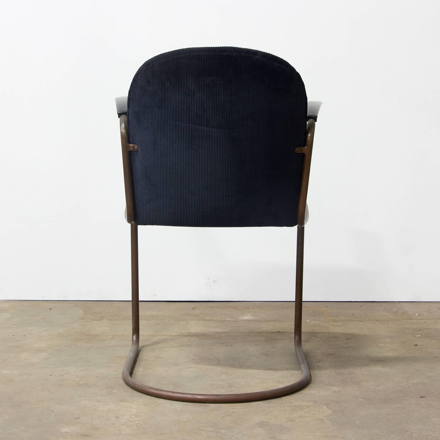 Dutch 1935, W.H. Gispen for Gispen, Copper, 413R Side Chair in Blue Corduroi Fabric For Sale