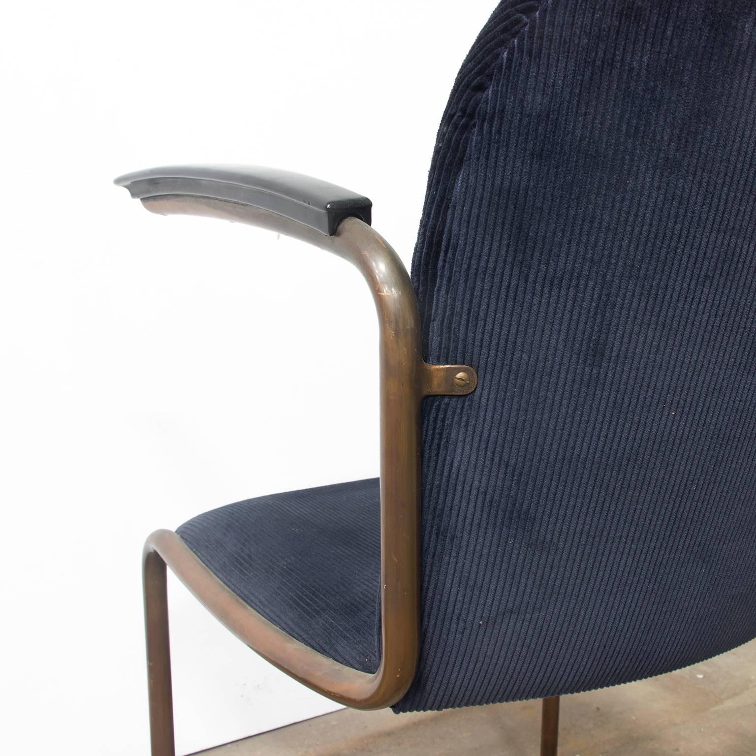 1935, W.H. Gispen for Gispen, Copper, 413R Side Chair in Blue Corduroi Fabric For Sale 1