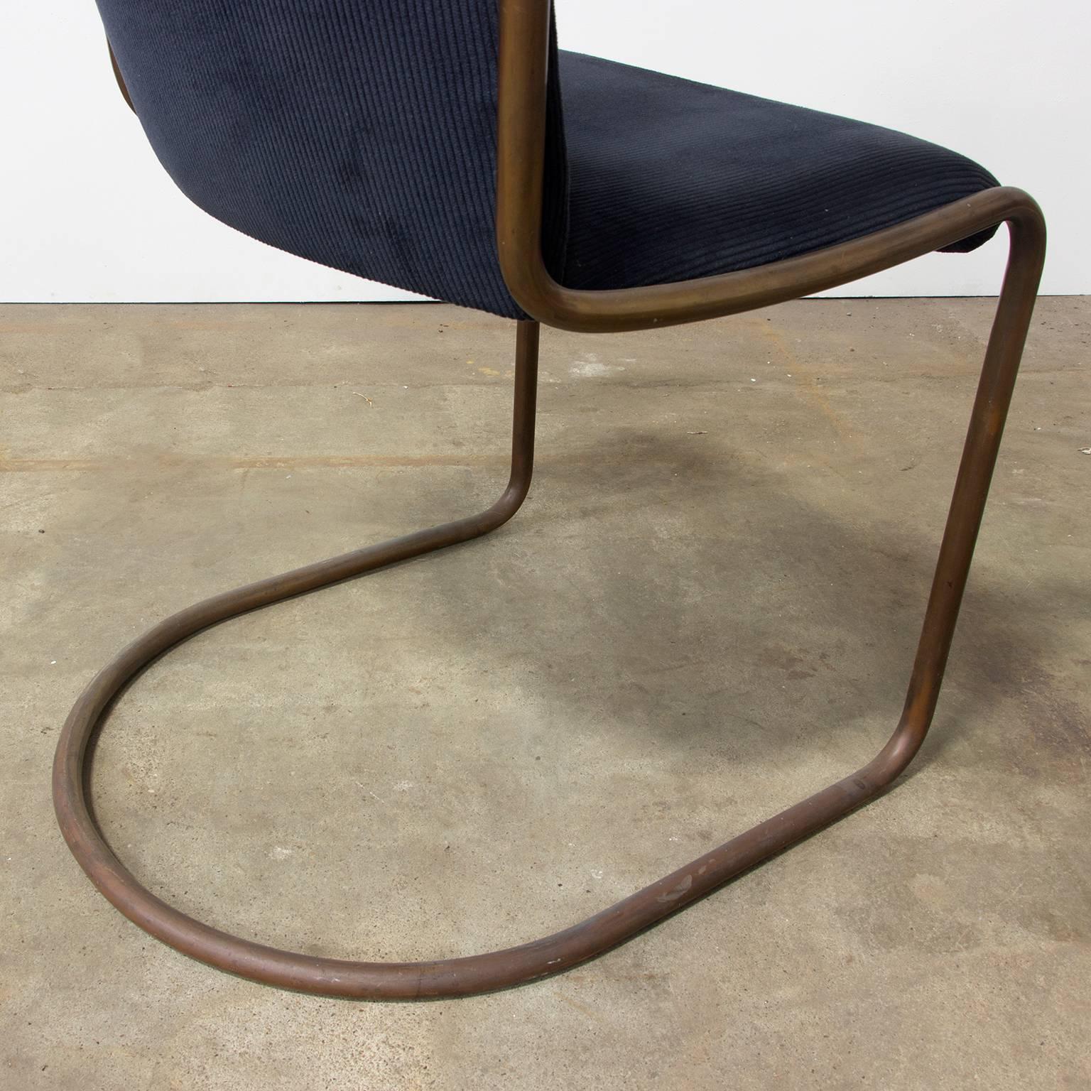 1935, W.H. Gispen for Gispen, Copper, 413R Side Chair in Blue Corduroi Fabric For Sale 3