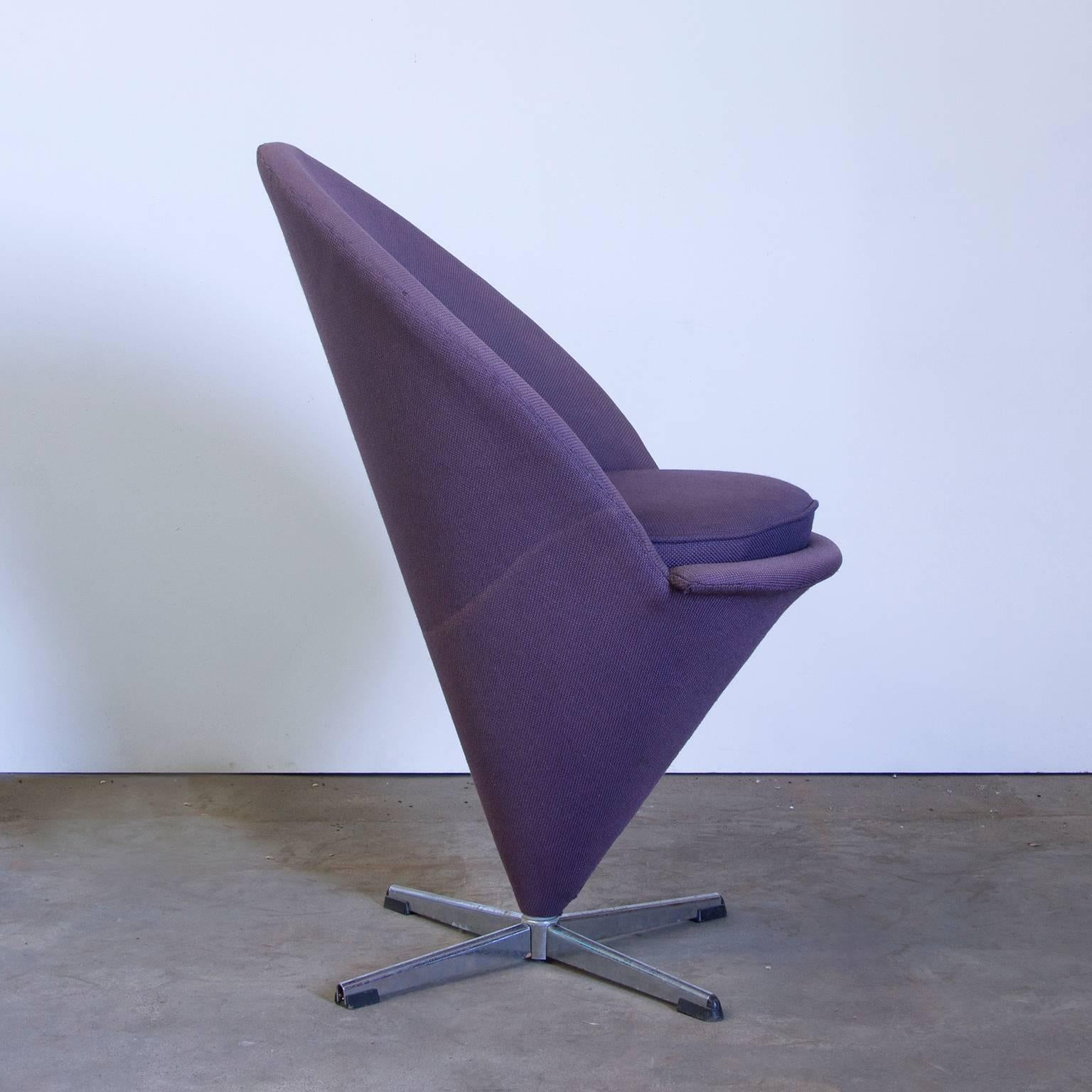Cone chair in purple. 

Iconic chair, comfortable as side chair or dining chair. More pieces, in total four in purple, available in different colors, to use as-it-is or to re-uphulstor by us for extra price and time. 
For this chair, in fair