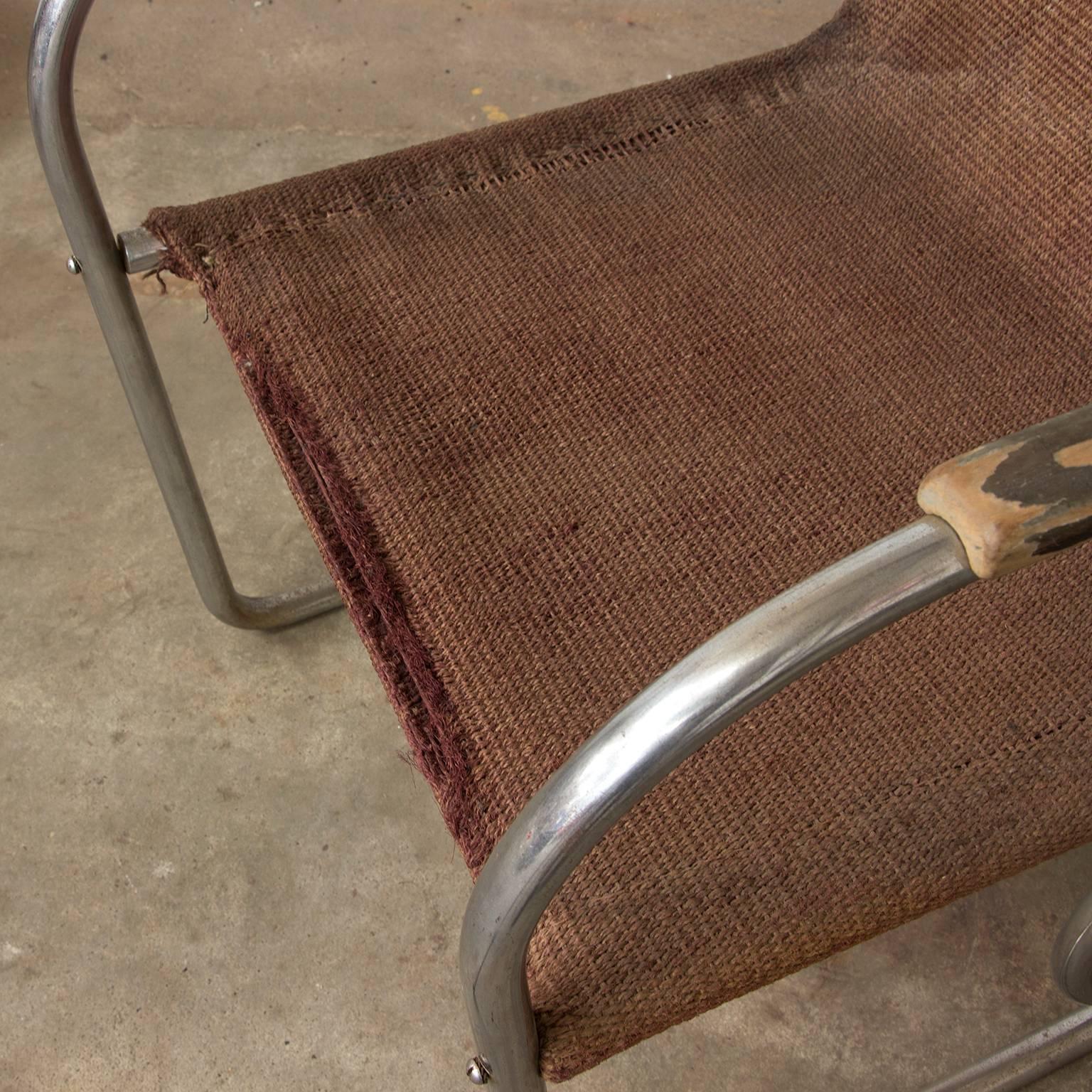 Circa 1930, Original, Early Tubular Easy Chair with Original Robe Woven Seat For Sale 1