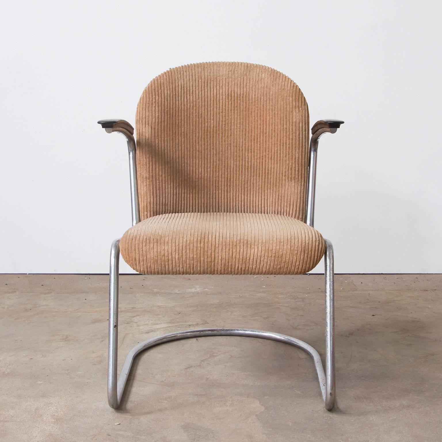 Mid-Century Modern 1935, W.H. Gispen by Gispen Culemborg 413 Easy Chair in Original Corduroi Fabric For Sale