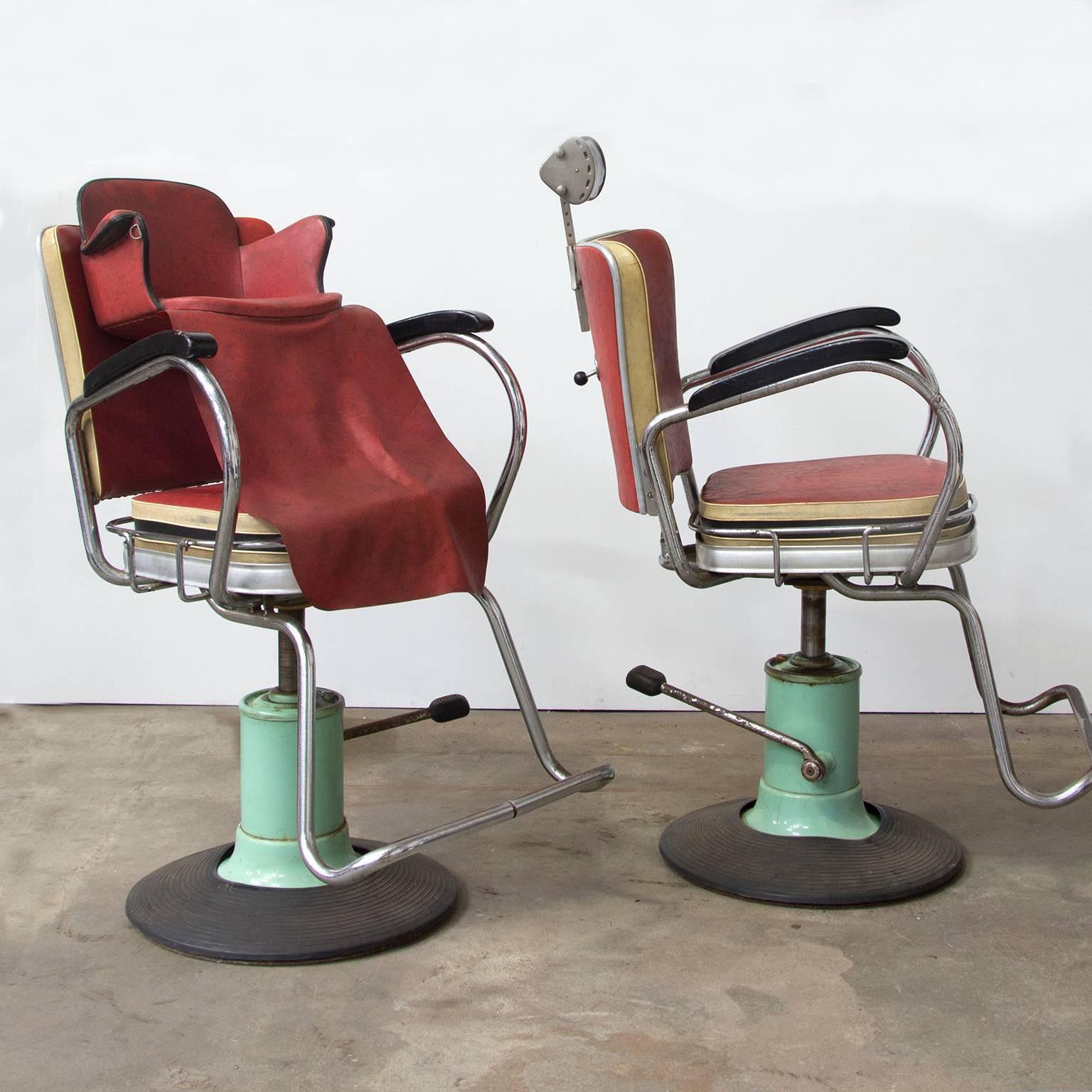 Authentic, very rare original 1950s barber set, still in original upholstery and paint. This set of original Barberchairs by Nubert, Schwäb Gmünd with a separate child seat. The childseat can be placed on the chair as shown on picture #6. Measure: