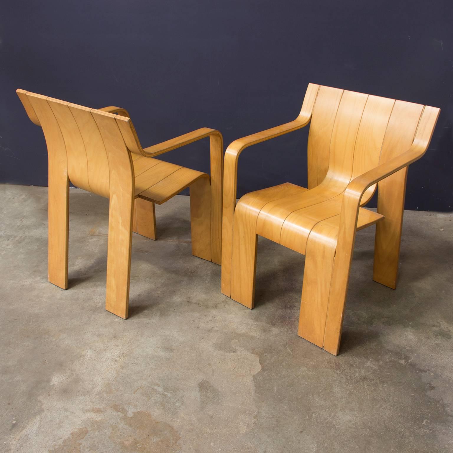 1974, Gijs Bakker for Castelijn, Set of Rare Stackable Wooden Strip Armchairs 2
