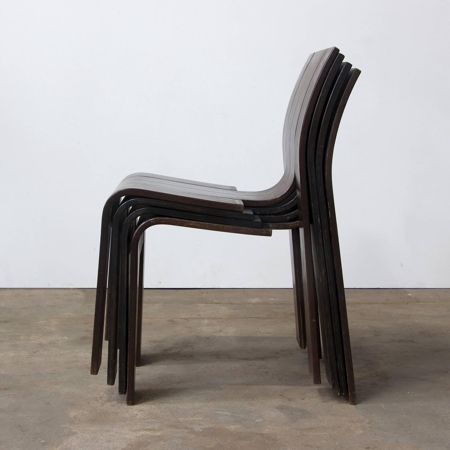 1974, Gijs Bakker for Castelijn, Set of Stackable Bended Wood Strip Chairs 1