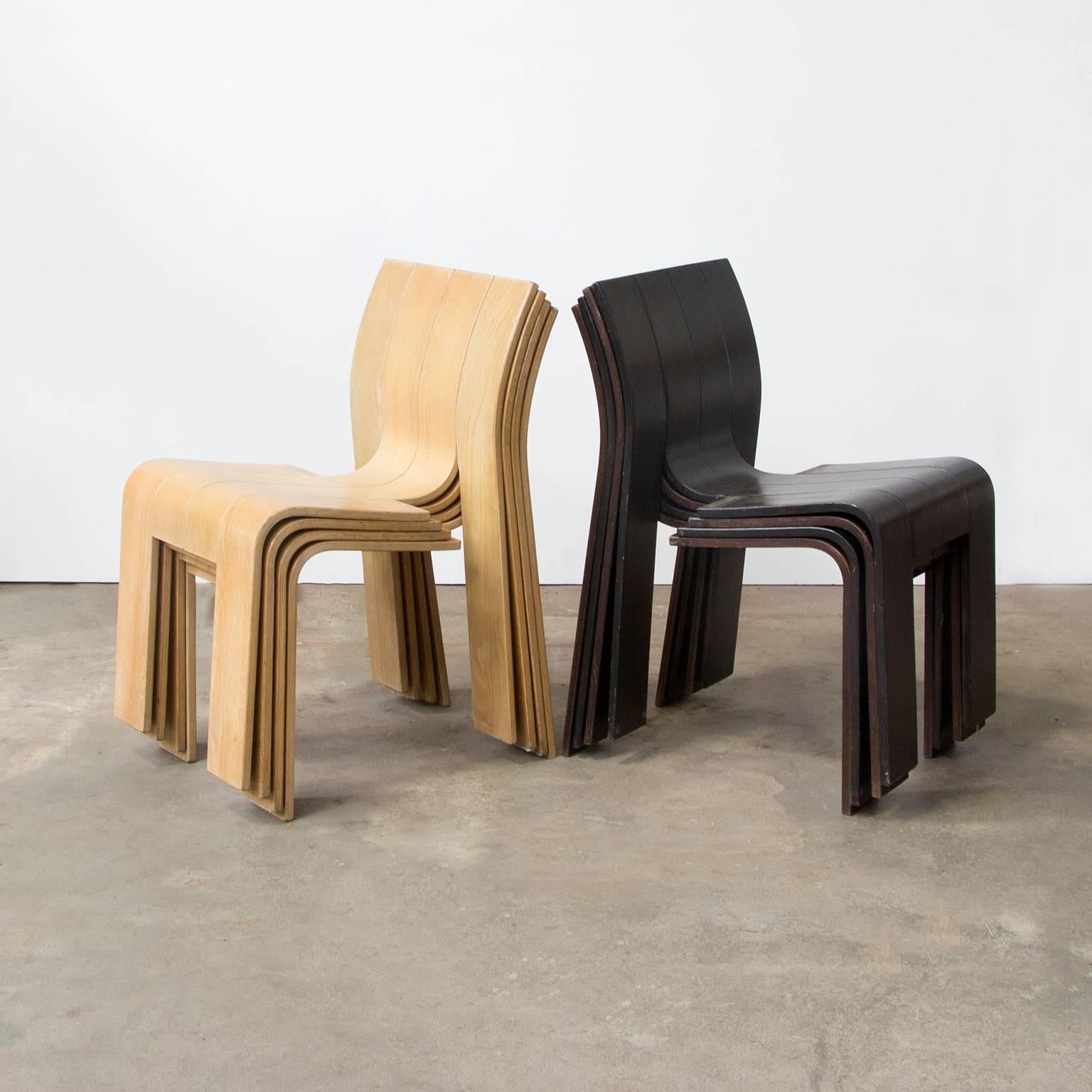 1974, Gijs Bakker for Castelijn, Set of Stackable Bended Wood Strip Chairs 4