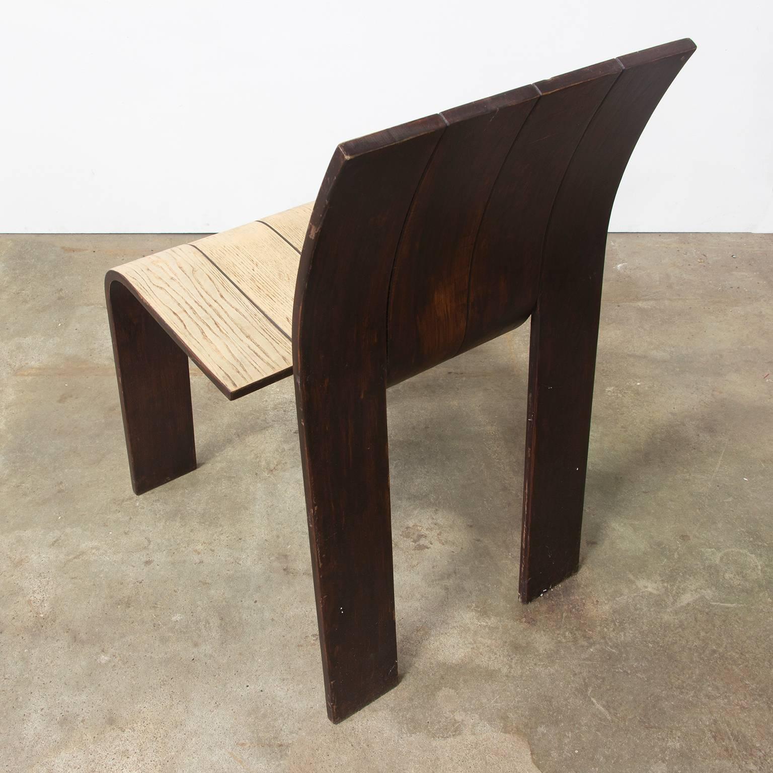 Late 20th Century 1974, Gijs Bakker, Castelijn, Partly Varnished Stackable Bended Wood Strip Chair