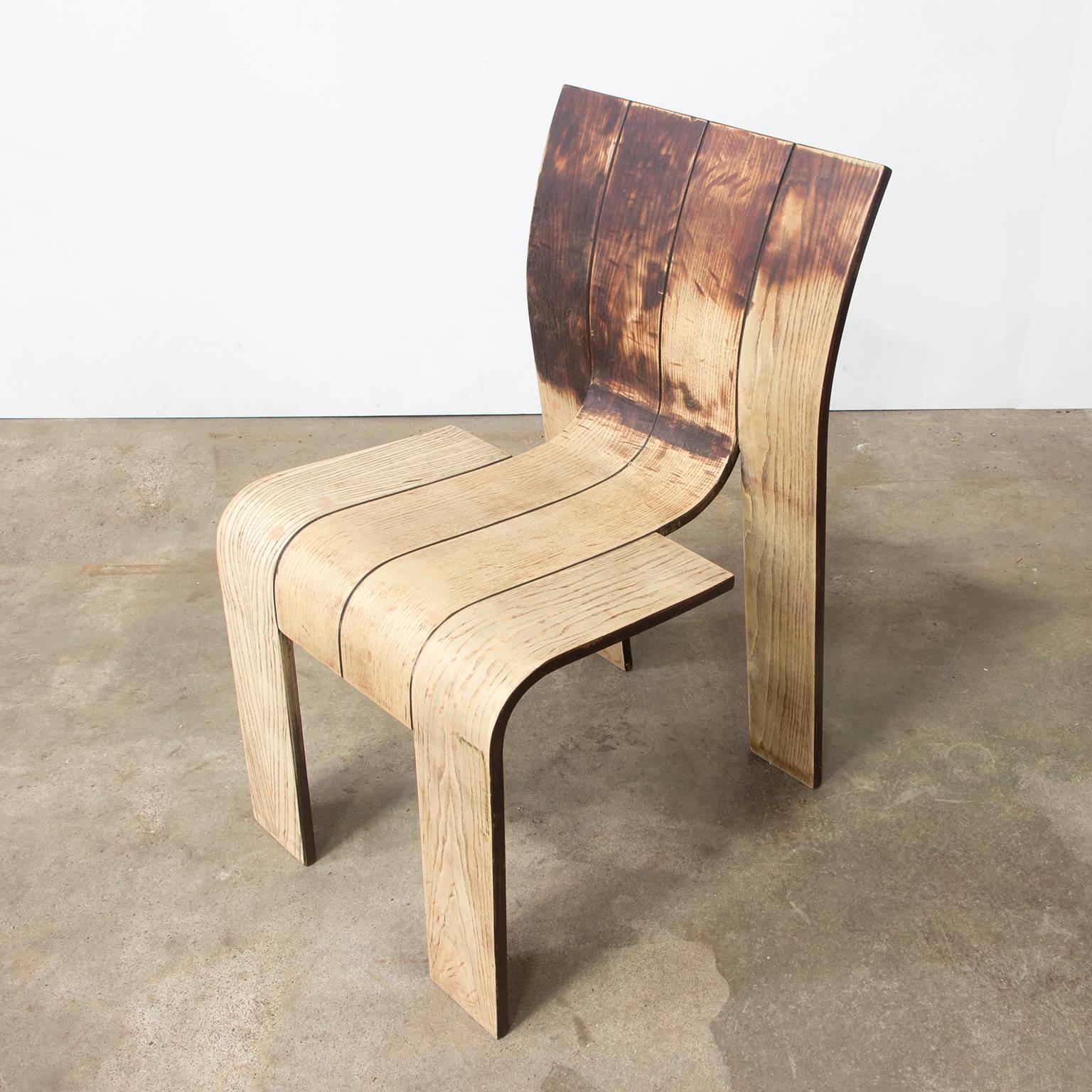 1974, Gijs Bakker, Castelijn, Partly Varnished Stackable Bended Wood Strip Chair 1