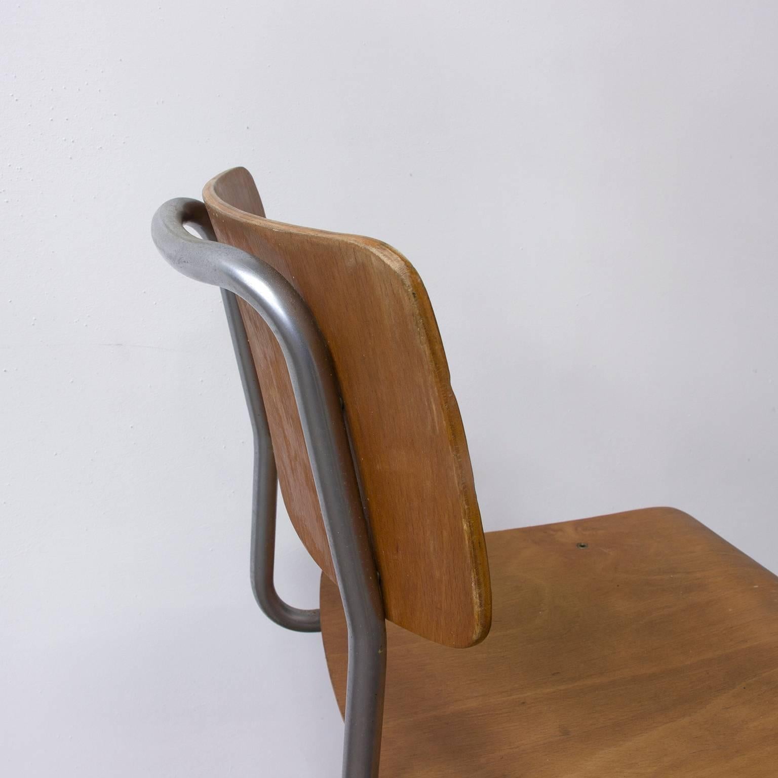 Dutch W.H. Gispen, Original Chair with Mat Chrome Frame Wooden Seat/Back, circa 1960