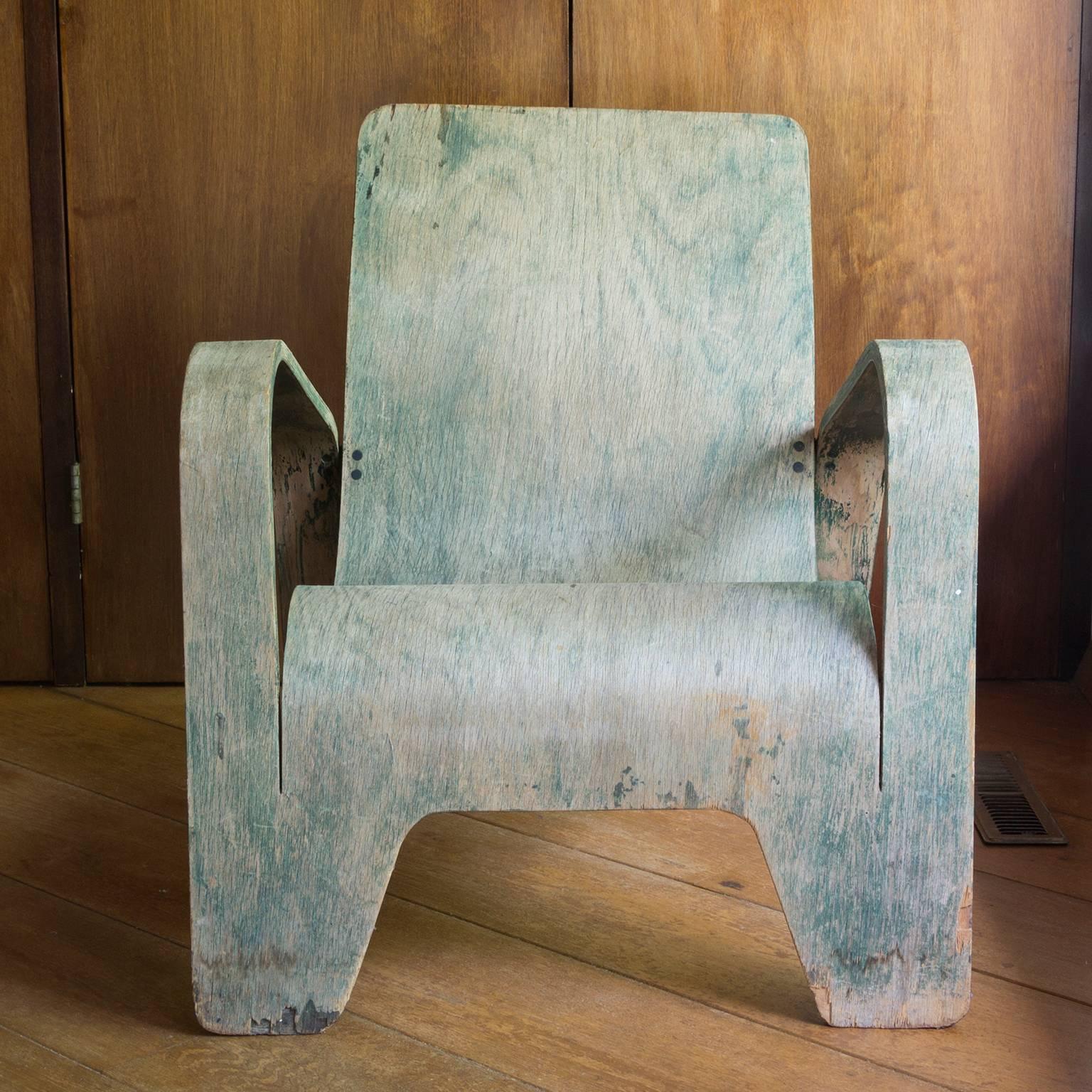 1940, Han Pieck, Plywood Lounge Armchair for Lawo in Green as Published on Book In Fair Condition For Sale In Amsterdam IJMuiden, NL