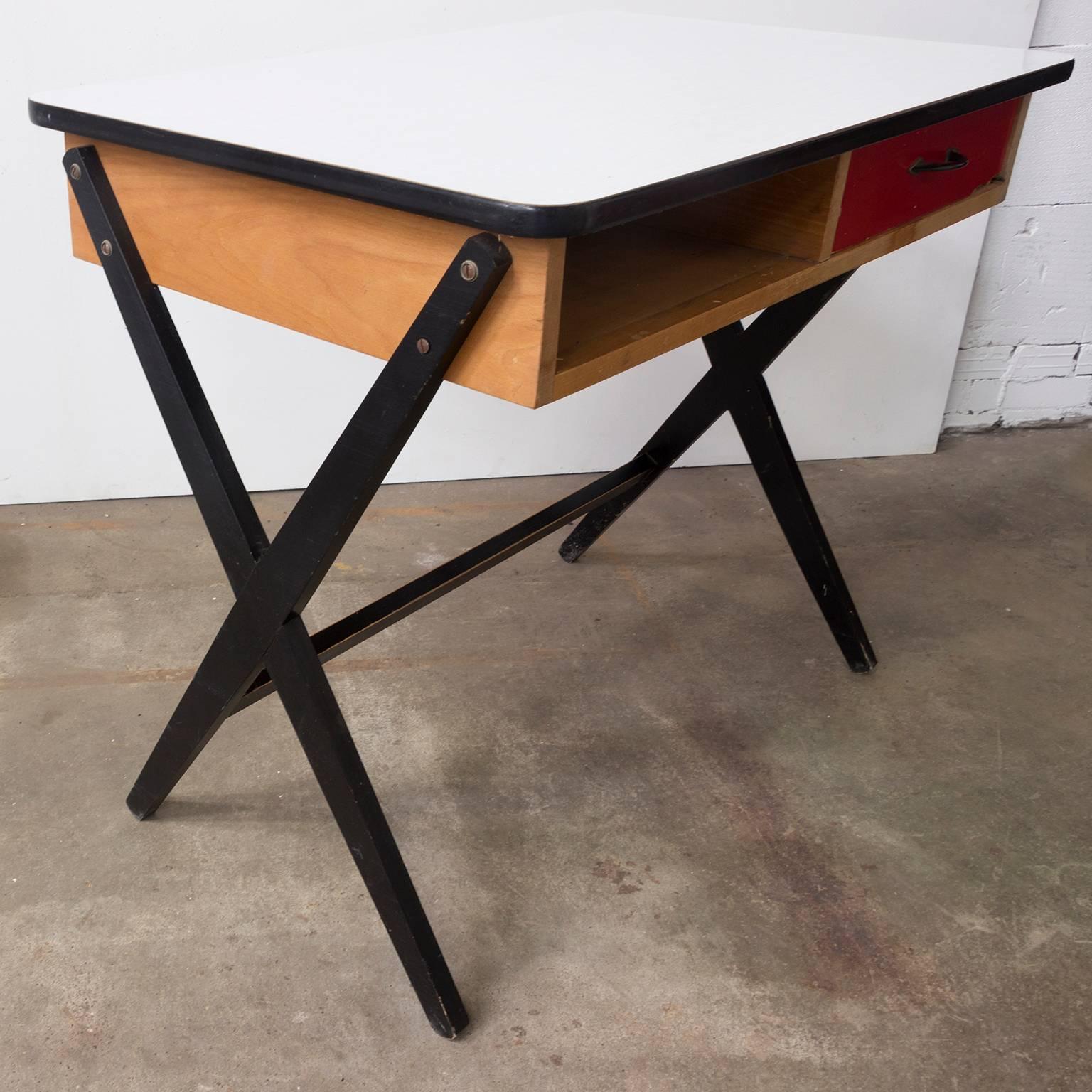 1954, Coen de Vries for Devo Wooden Writing Desk with Red Drawer and Formica Top For Sale 2