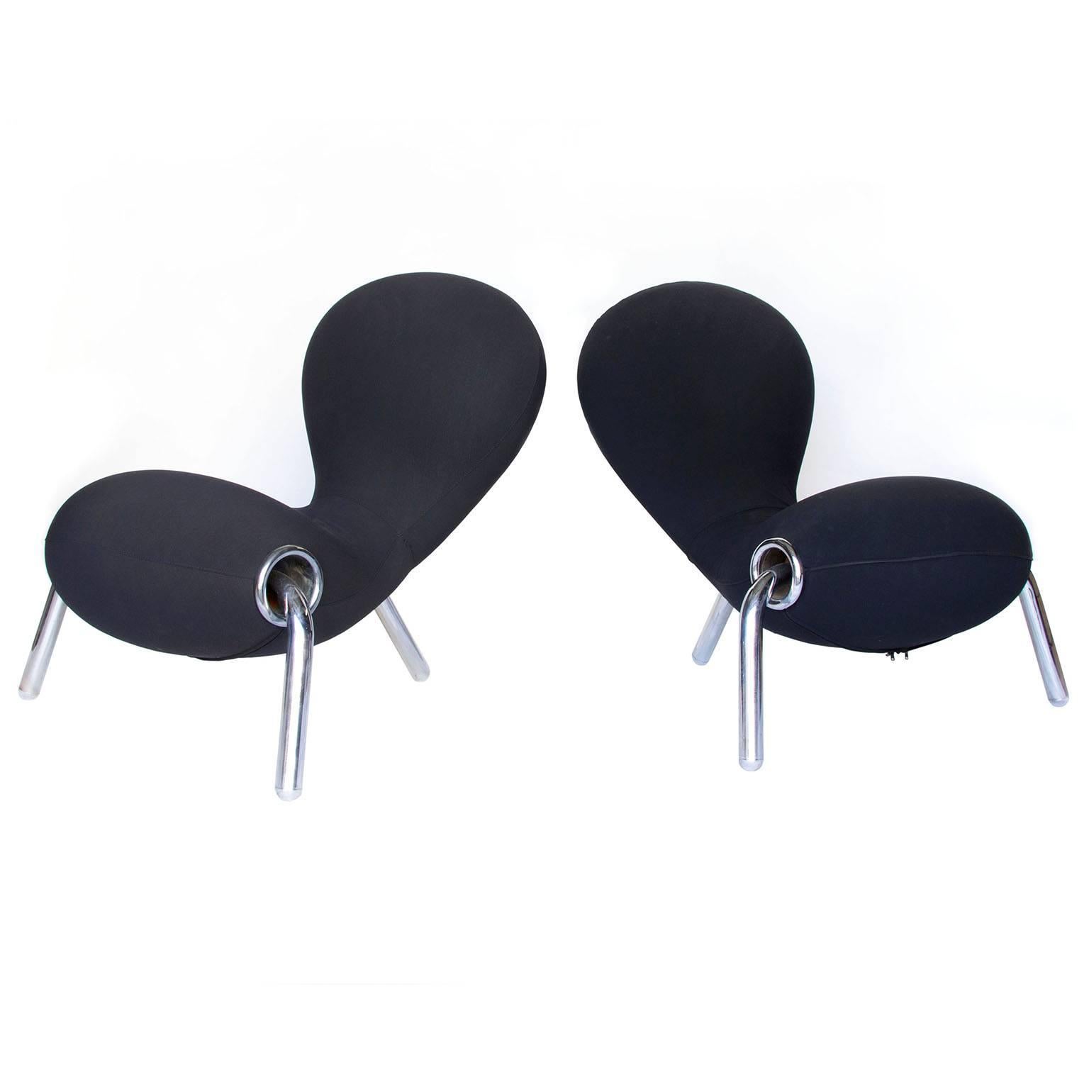 Two black Embryo Chairs in black. The embryo chair was designed by Marc Newson in 1988. This chair was commissioned by the Museum of Applied Arts and Sciences (Powerhouse Museum.) Marc Newson was only 25 when he designed the embryo chair for the