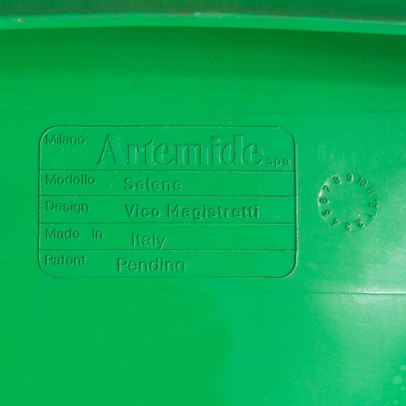 1969, Vico Magistretti for Artemide, Set of Four or Five Green Selene Chairs 1