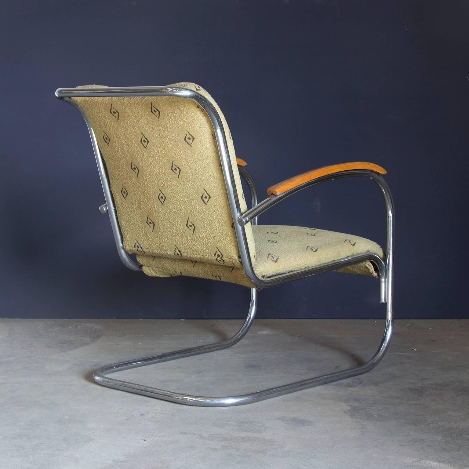Mid-Century Modern Original, Early Vintage Tubular Easy Chair with Original Fabric, circa 1930 For Sale