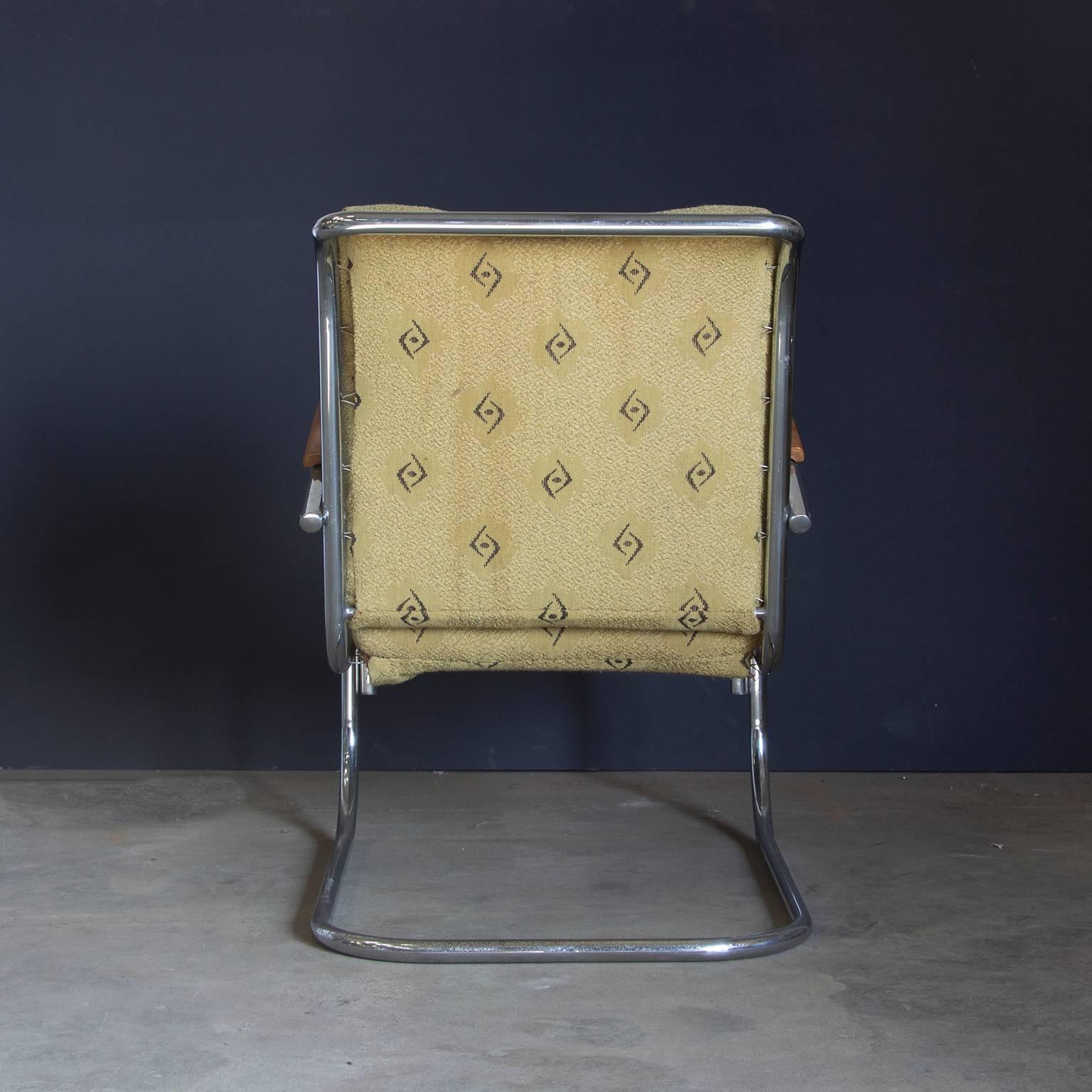 Dutch Original, Early Vintage Tubular Easy Chair with Original Fabric, circa 1930 For Sale