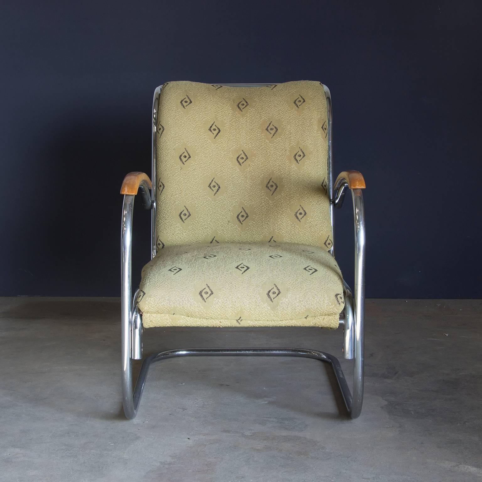 Mid-Century Modern Fauteuil tubulaire original, ancien fauteuil vintage avec tissu d'origine, vers 1930 en vente