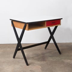 1954, Coen de Vries for Devo Wooden Writing Desk with Red Drawer and Formica Top