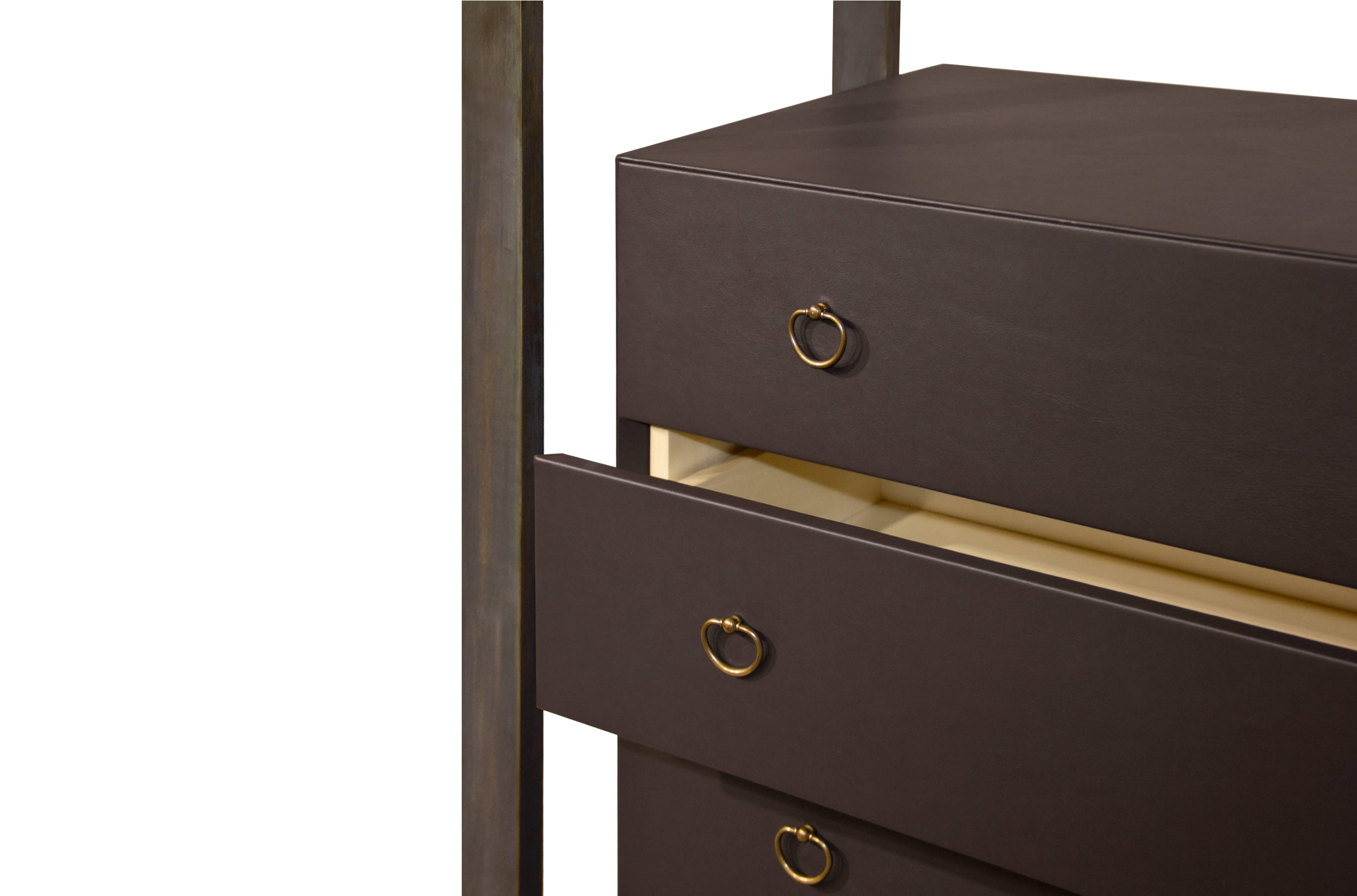 Contemporary Brabbu European Modern Hoplon Brass, Faux-Leather Bookcase Four-Drawer Cabinet For Sale
