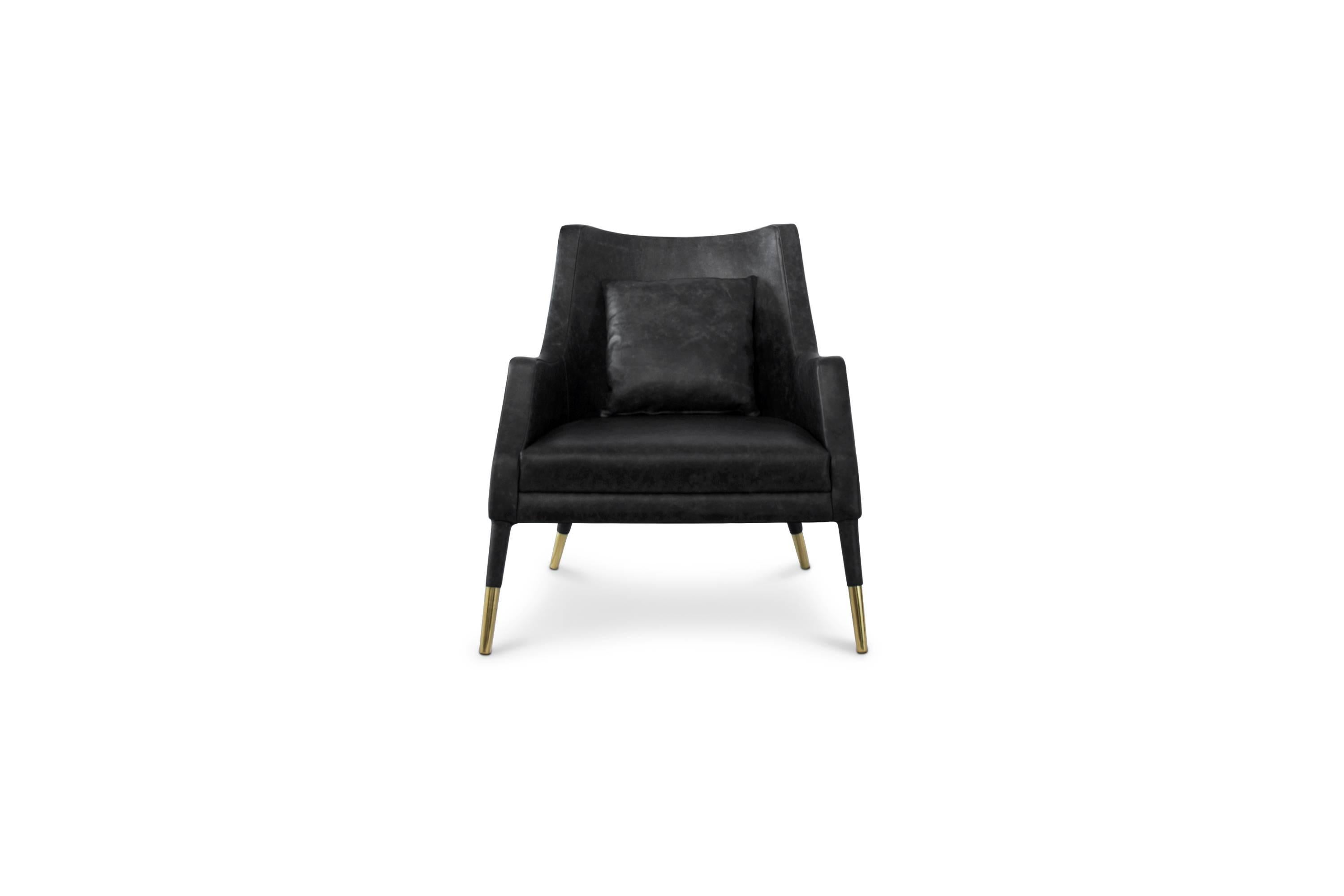 Lovely elegant Mid-Century Modern armchair.

Materials: Brass and fabric.
Standard finishes:
Cover: EH Cosmopolitan color. 6 feet: Polished brass.

DIMENSIONS
Width: 69 cm, 27.2”.
Depth: 75 cm, 29.5”.
Height: 90 cm, 35.4”. 
Seat H.: 45 cm,