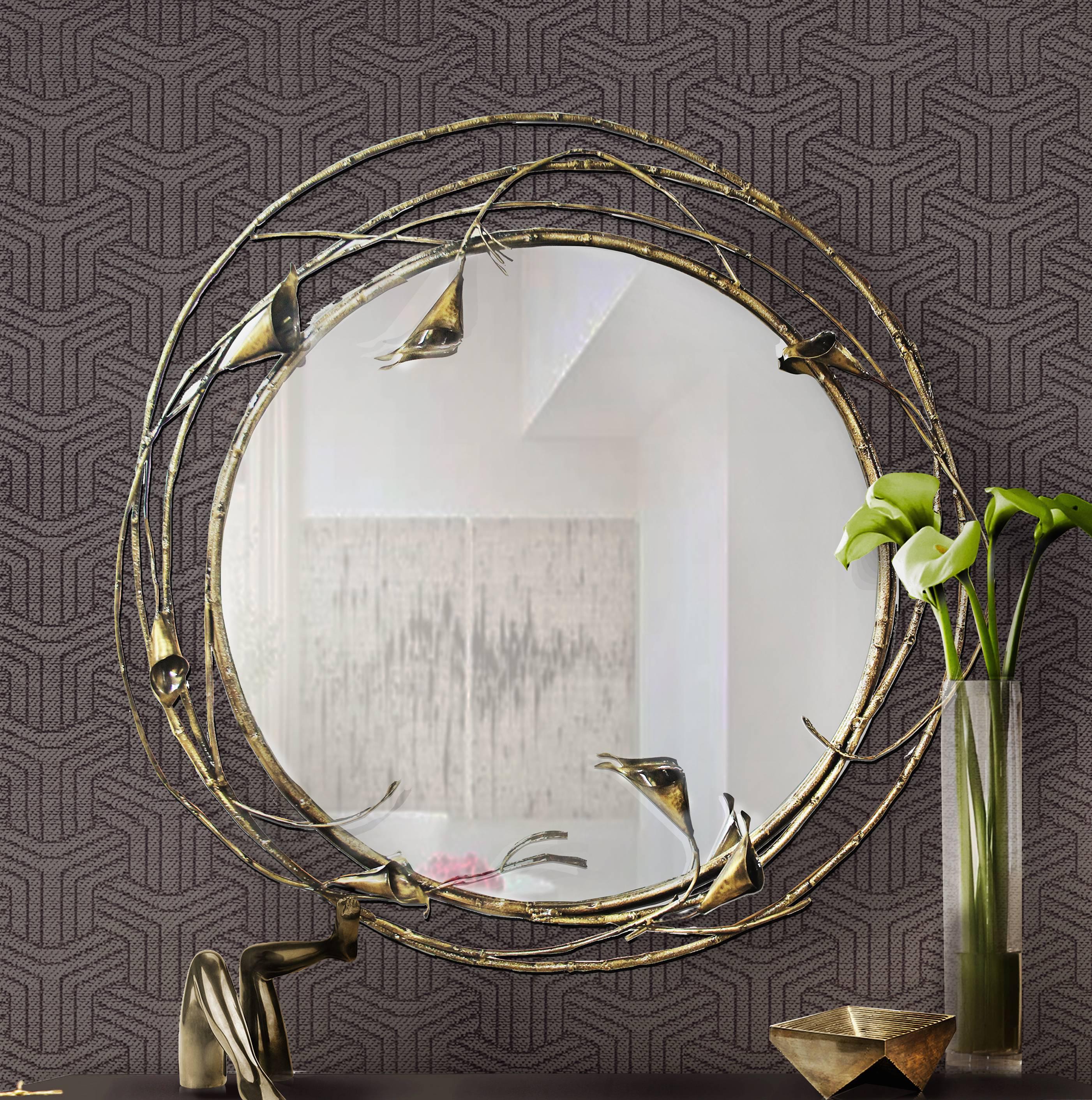 Contemporary Large Floral European Modern Stella Antique Brass Round Mirror by Koke For Sale