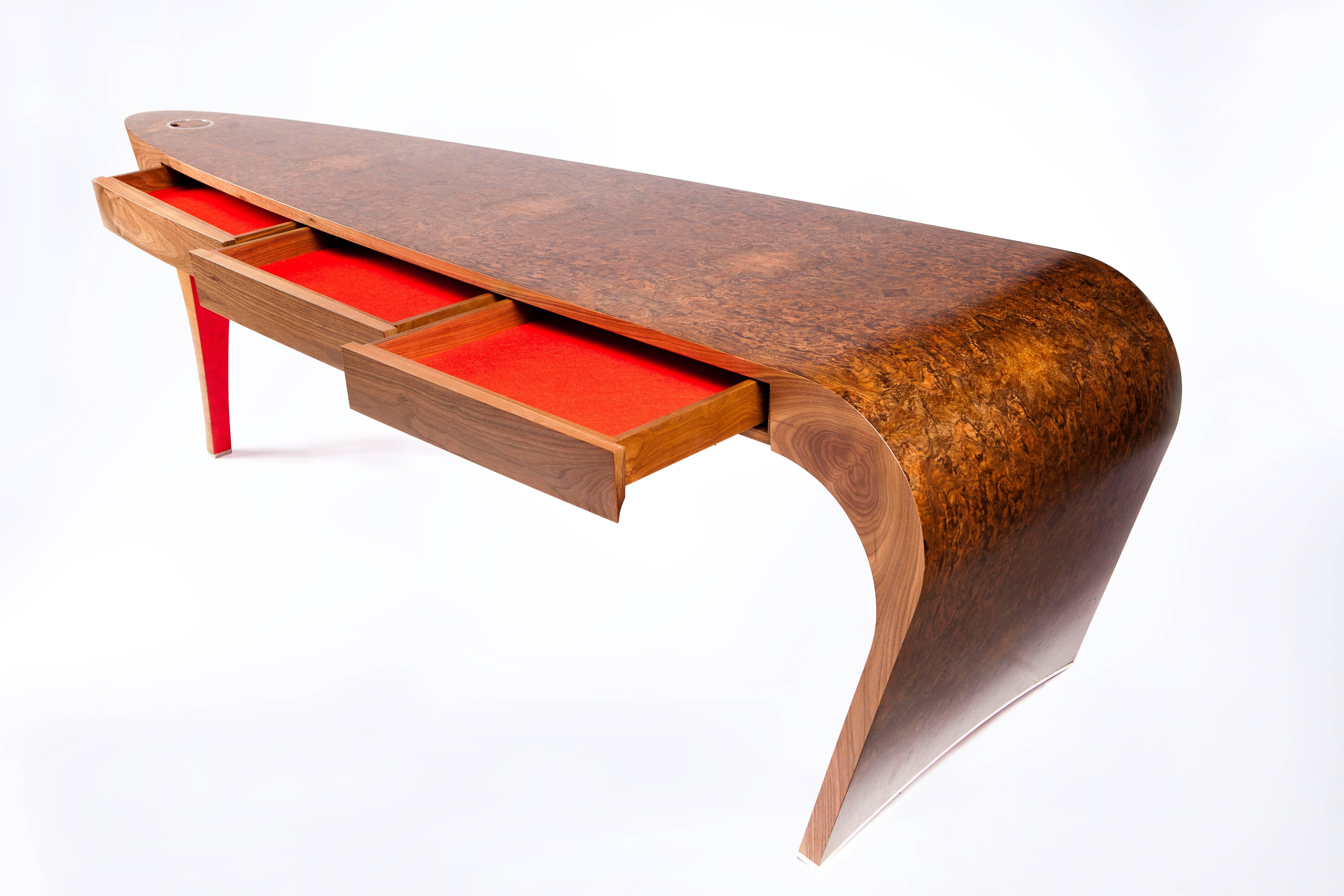 Stained Walnut and Red Bird's-Eye Maple Stiletto Shoe Desk or Dressing Table For Sale