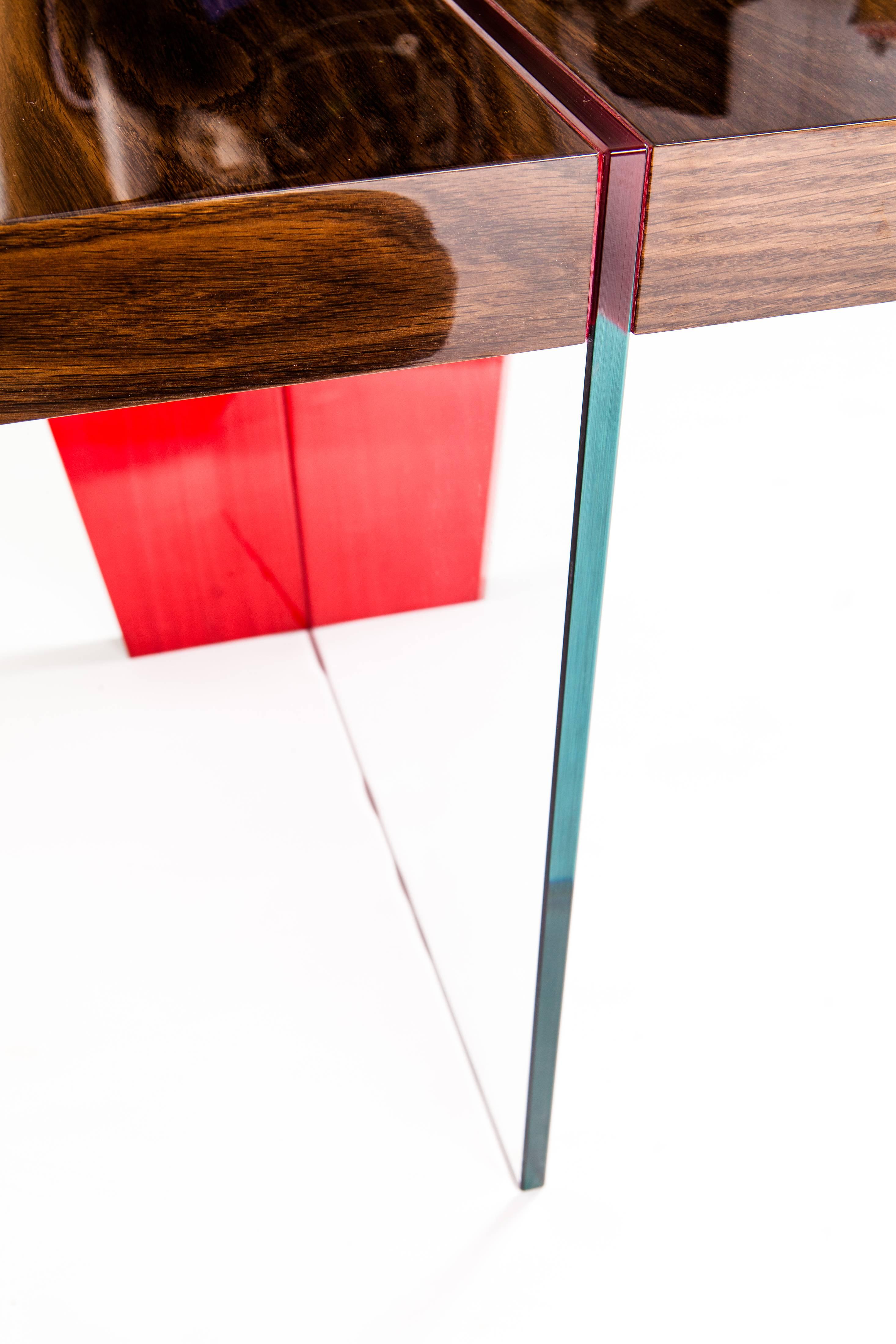 Glazed Contemporary Red and Lacquered Walnut End Table For Sale