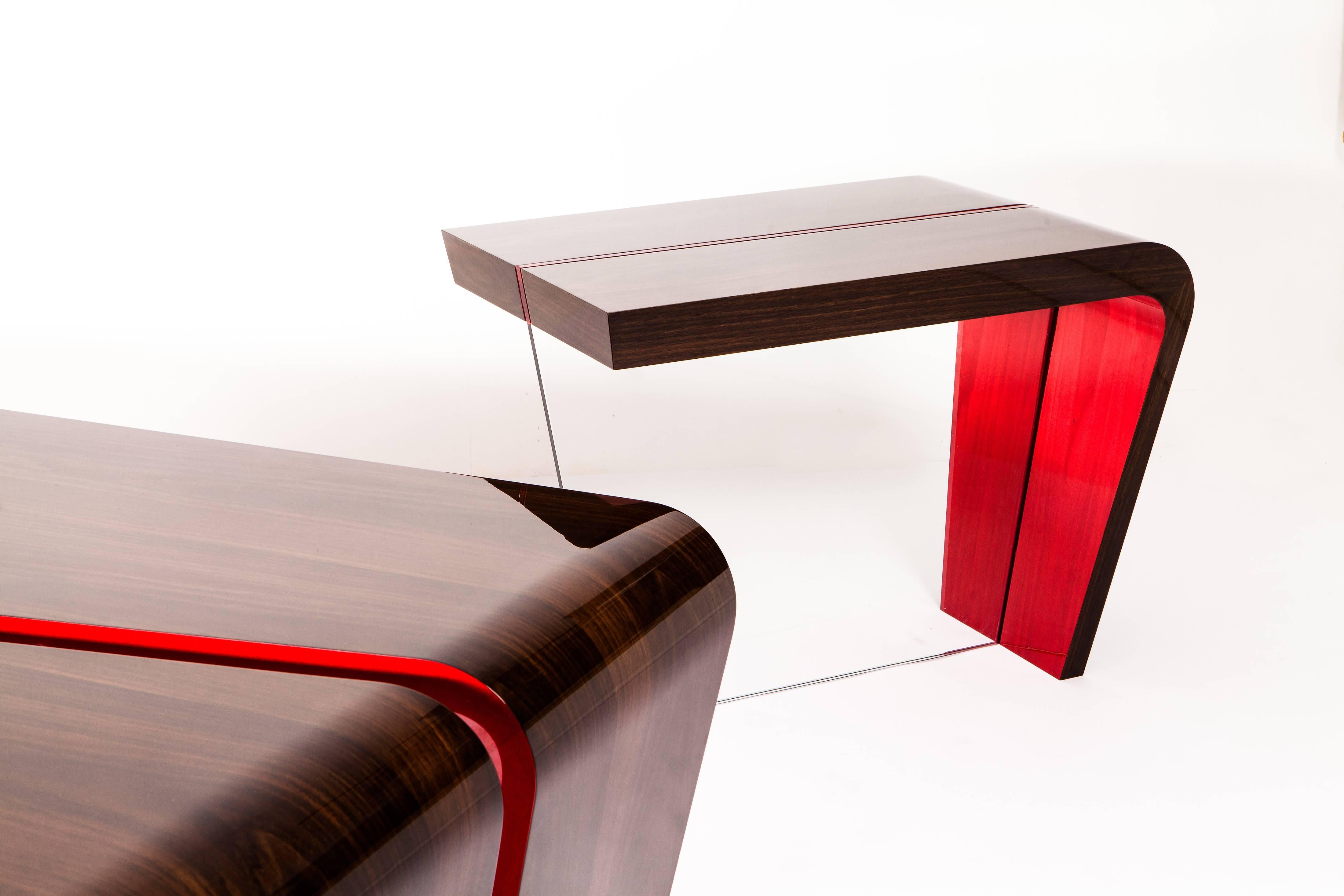 Glass Contemporary Red and Lacquered Walnut End Table For Sale