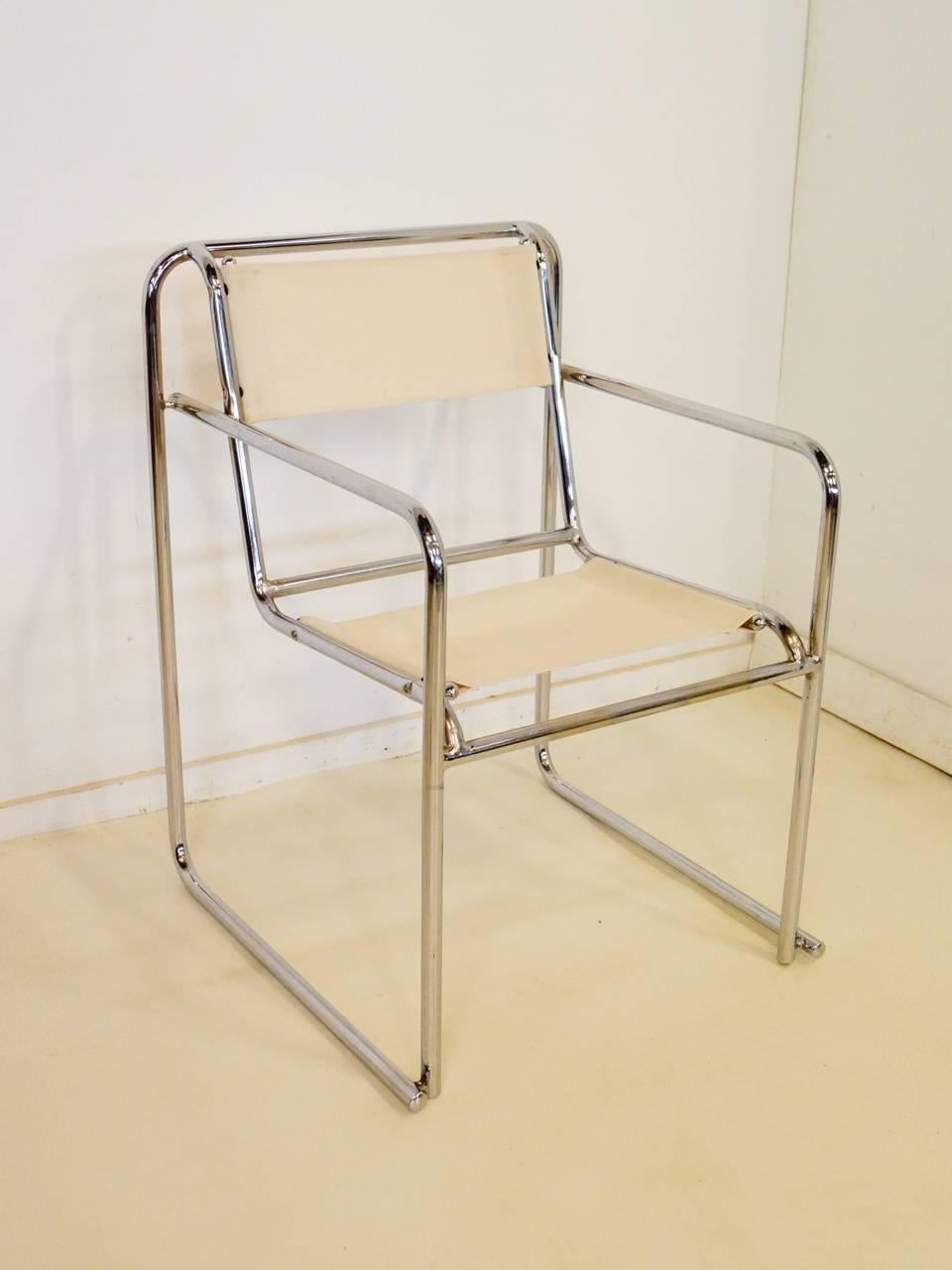 RP-7 Bauhaus chair by Bruno Pollak for PEL, Oldbury, 1932. This tubular chair is reupholstered with white canvas. The nice thing about these chairs is that they are stackable (see photos). Source: 2100 Metal tubular chairs by Otakar Mácel, page 118