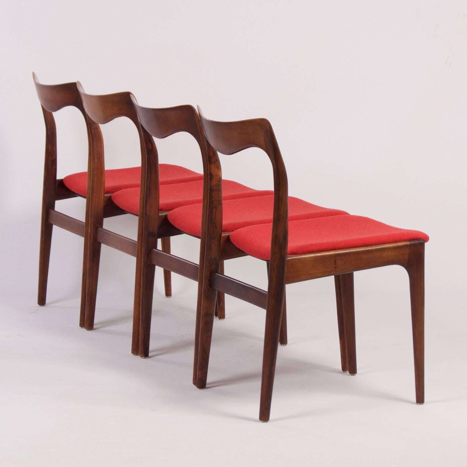 Red Rosewood Dining Chairs by Awa, 1960s, Set of Four In Good Condition For Sale In Berkel en Rodenrijs, NL