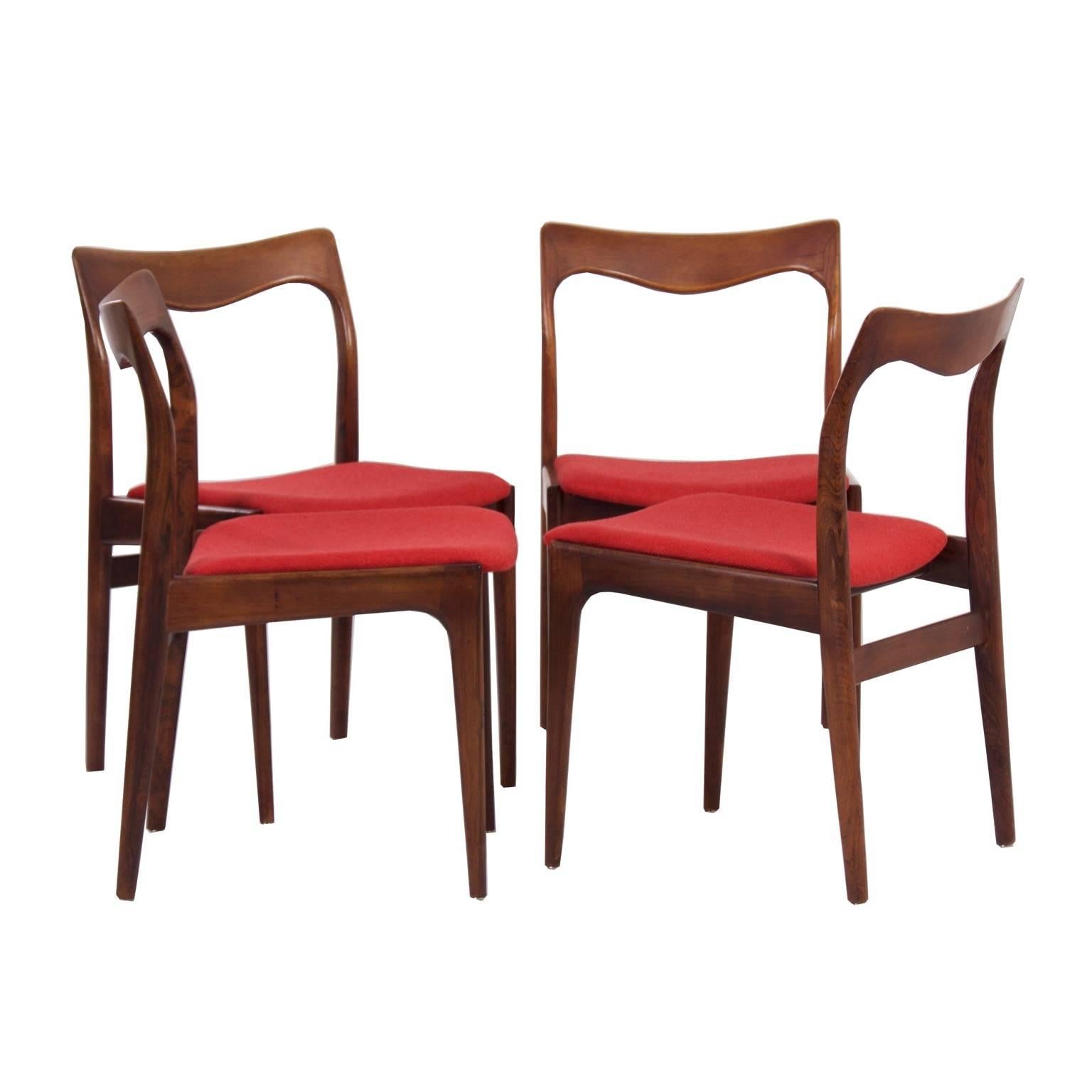 Red Rosewood Dining Chairs by Awa, 1960s, Set of Four For Sale