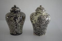 Pair of Black and White Talavera Vases by Carlos Arias