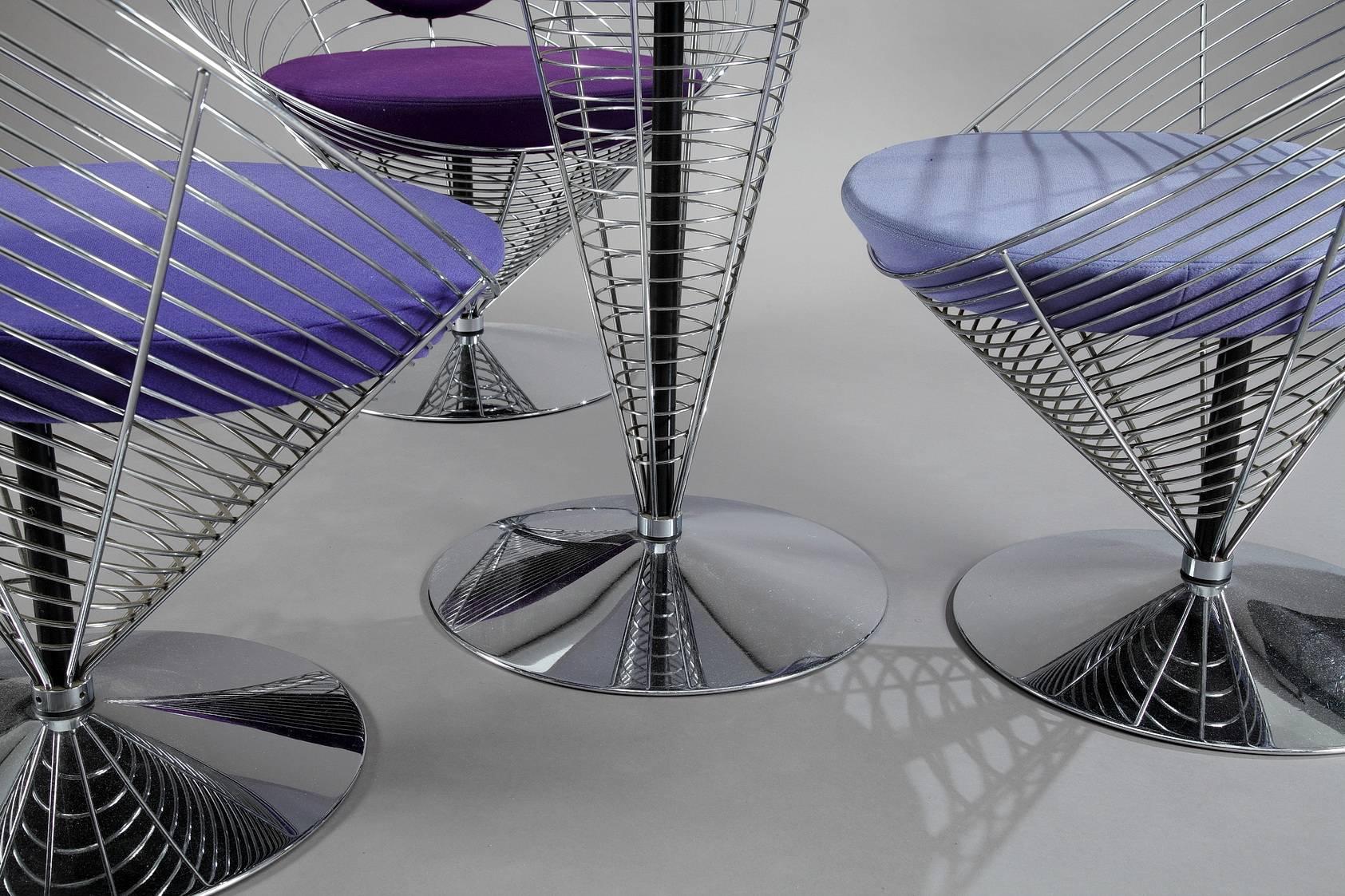Mesh Three Wire Cone Chairs and Table Designed by Verner Panton, Late 1980s