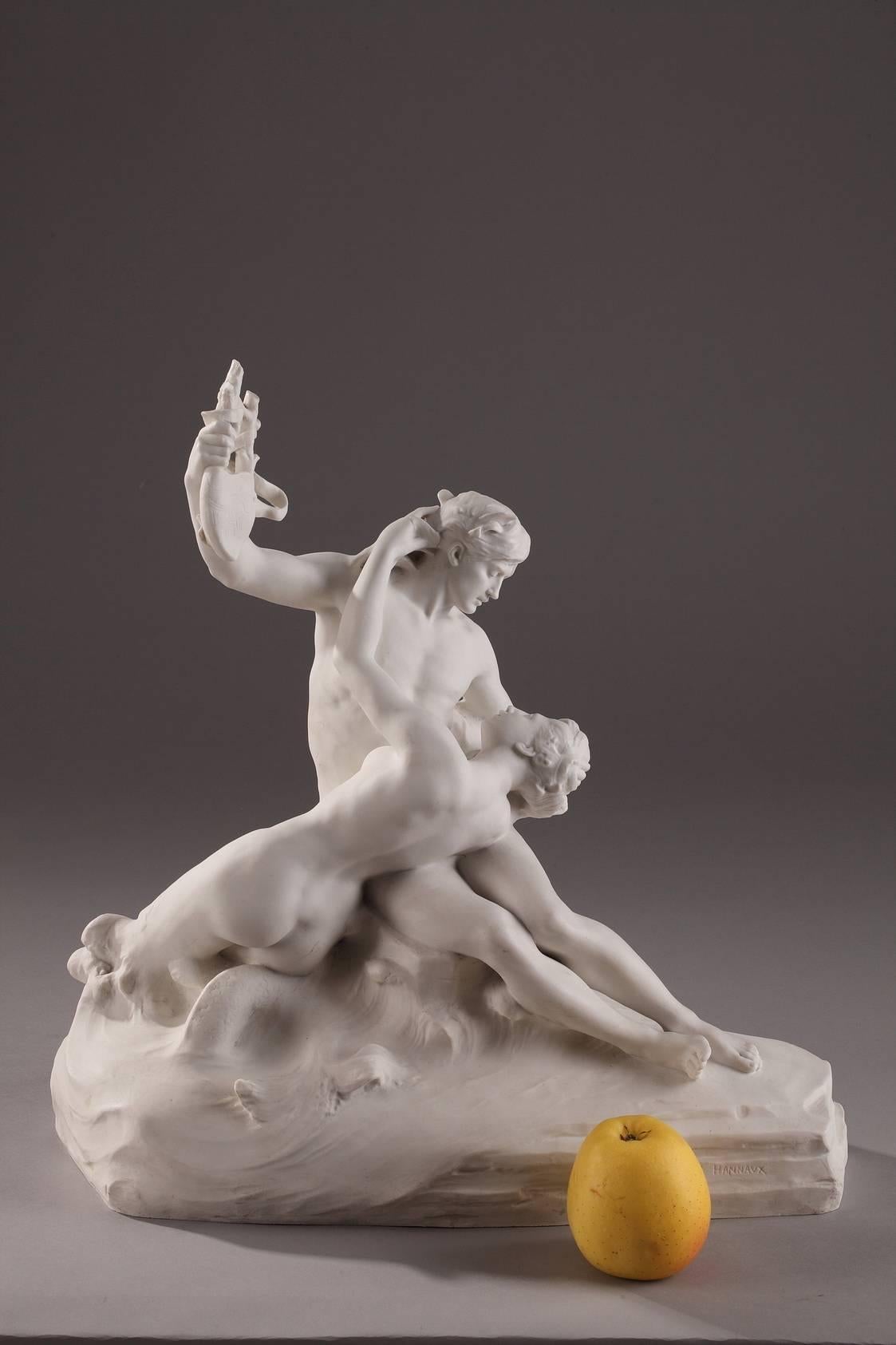 “Le Poète et La Sirène” by Emmanuel Hannaux (1855-1934.)

Mythological group in Sèvres biscuit porcelain portraying a mermaid caught in the embrace of a young poet holding a harp. This romantic and voluptuous subject perfectly illustrates the