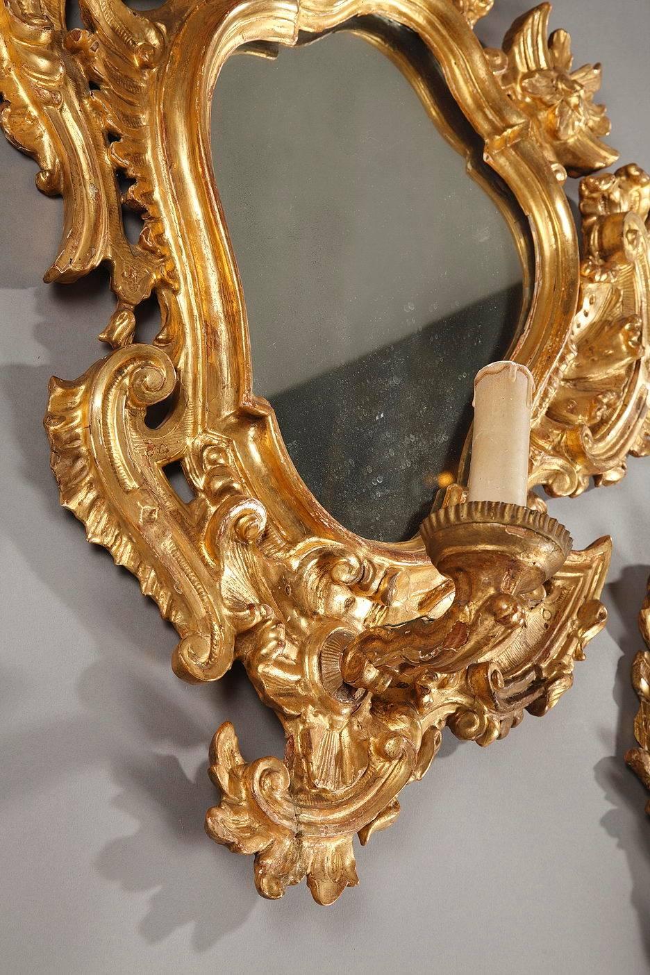 Pair of 18th Century Giltwood Rocaille Mirrors, Italian 1