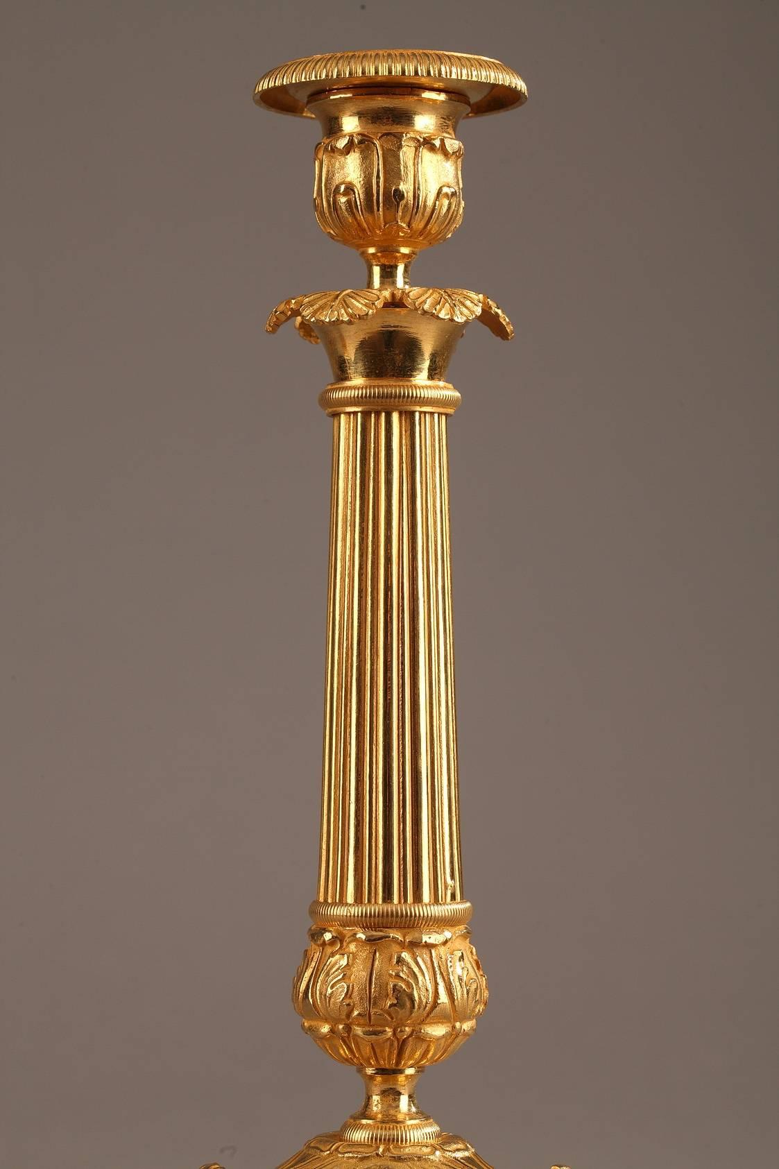 Early 19th Century Pair of Gilt Bronze Candlesticks, Restauration Period