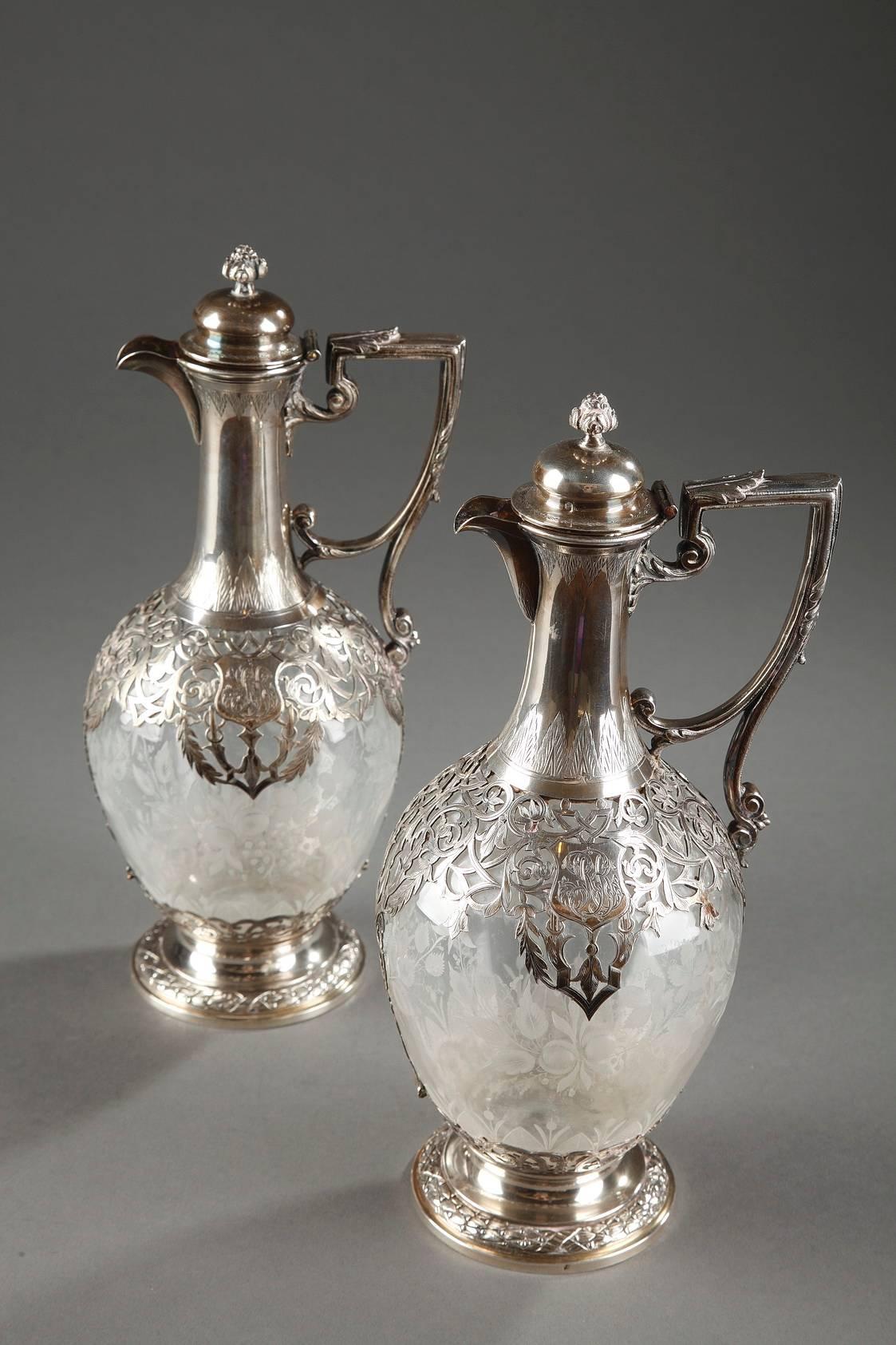 Late 19th Century Pair of Silver and Crystal Ewers with Floral Decoration, 19th Century
