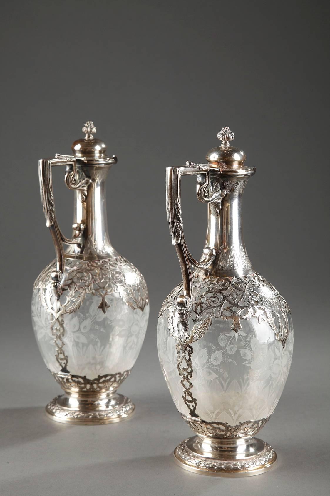 Pair of Silver and Crystal Ewers with Floral Decoration, 19th Century 1