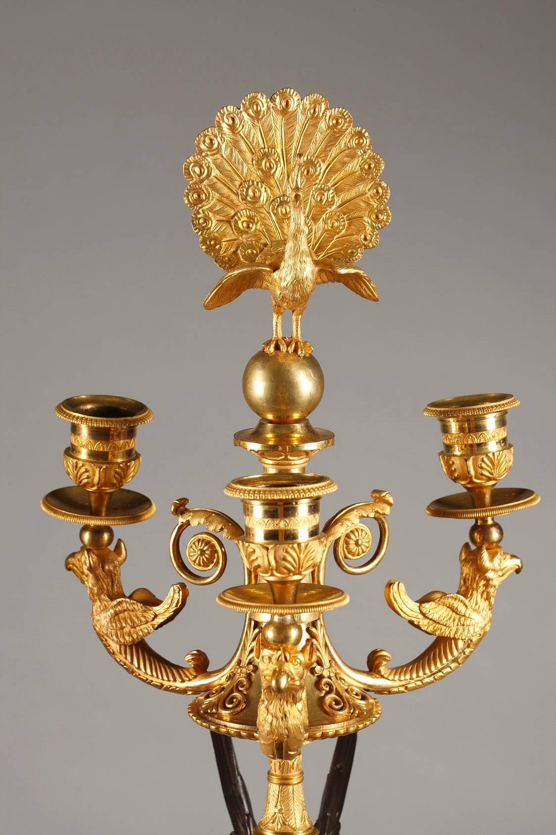 Gilt Pair of Empire Bronze Three Branched Candelabras