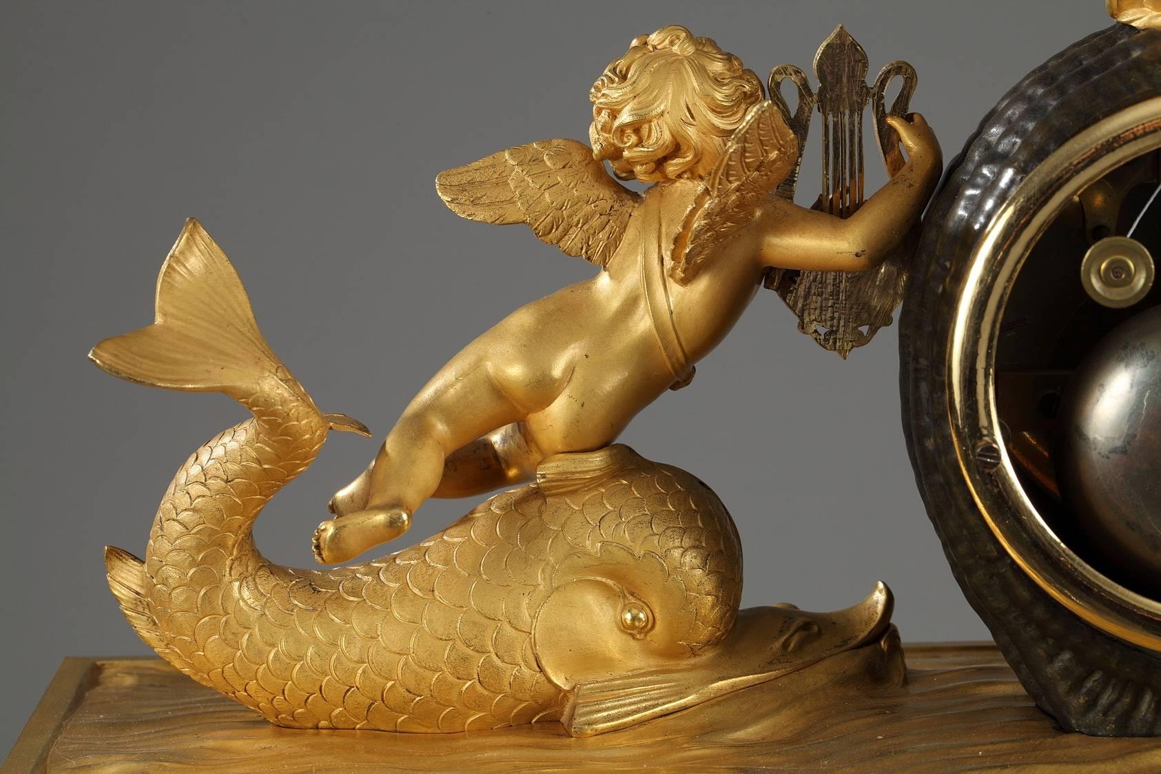 Early 19th Century Restauration Gilt and Patinated Bronze Clock Featuring Hippolytus' Chariot