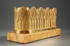 Gothic Revival Inkwell in Gilt Bronze and Sienna Marble, 19th Century