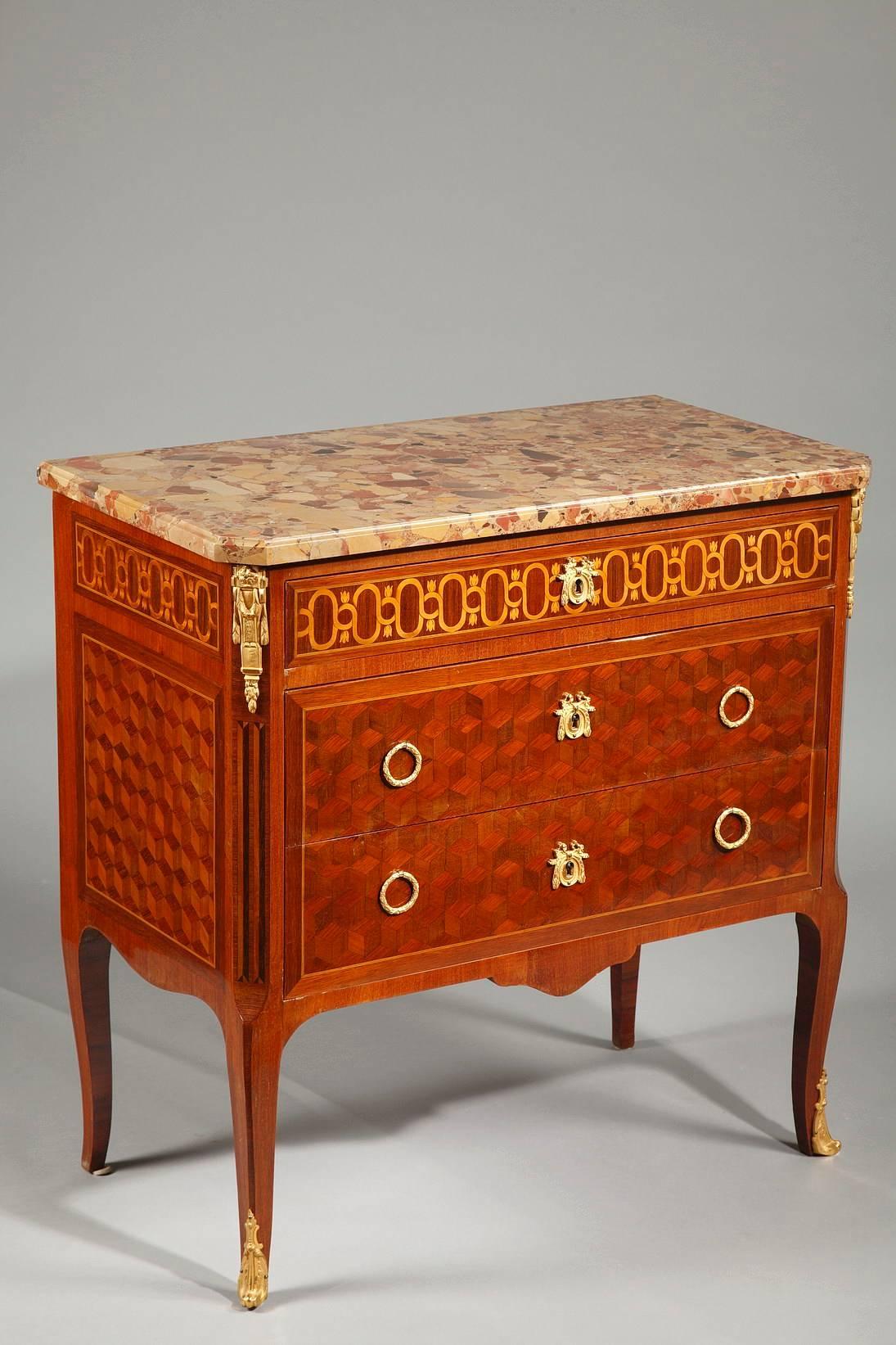 Transitional Style Ormolu-Mounted Marquetry Commode, 19th Century (Louis XVI.)