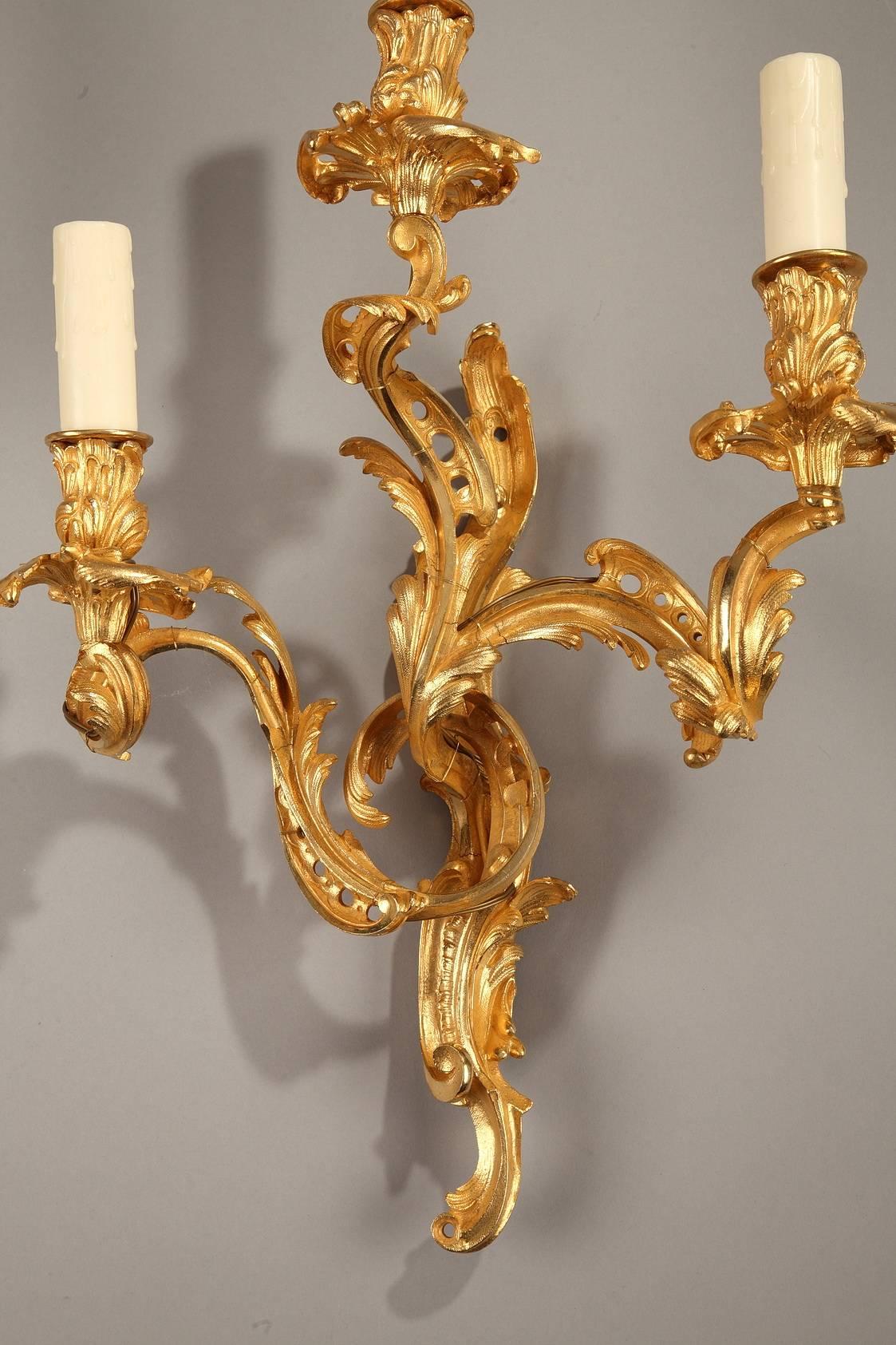 French Pair of Bronze Sconces, Louis XV Style, 19th Century