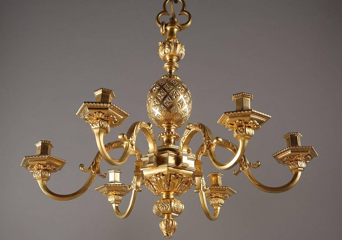 Six-light chandelier crafted in Mazarin style. Engraved with a lattice enclosing flowers, an ovoid ball connects to the central baluster decorated with foliage motifs. Candle arms in the shape of an S extend from the central piece and end in