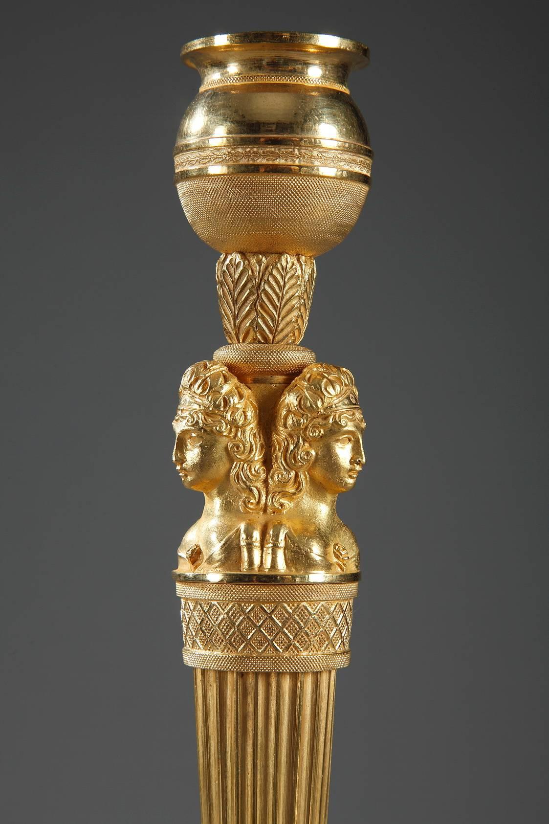 Gilt Pair of Gilded and Sculpted Bronze Candlesticks, Empire Period