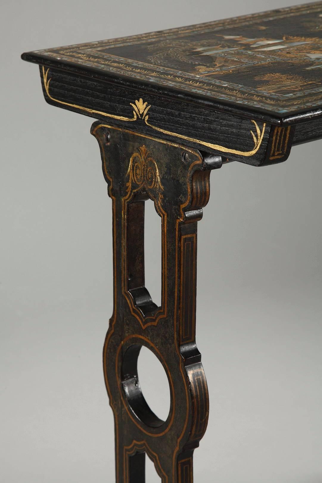 Gold Three Tables with Lacquered Motifs of the Far East, 19th Century, Napoleon III