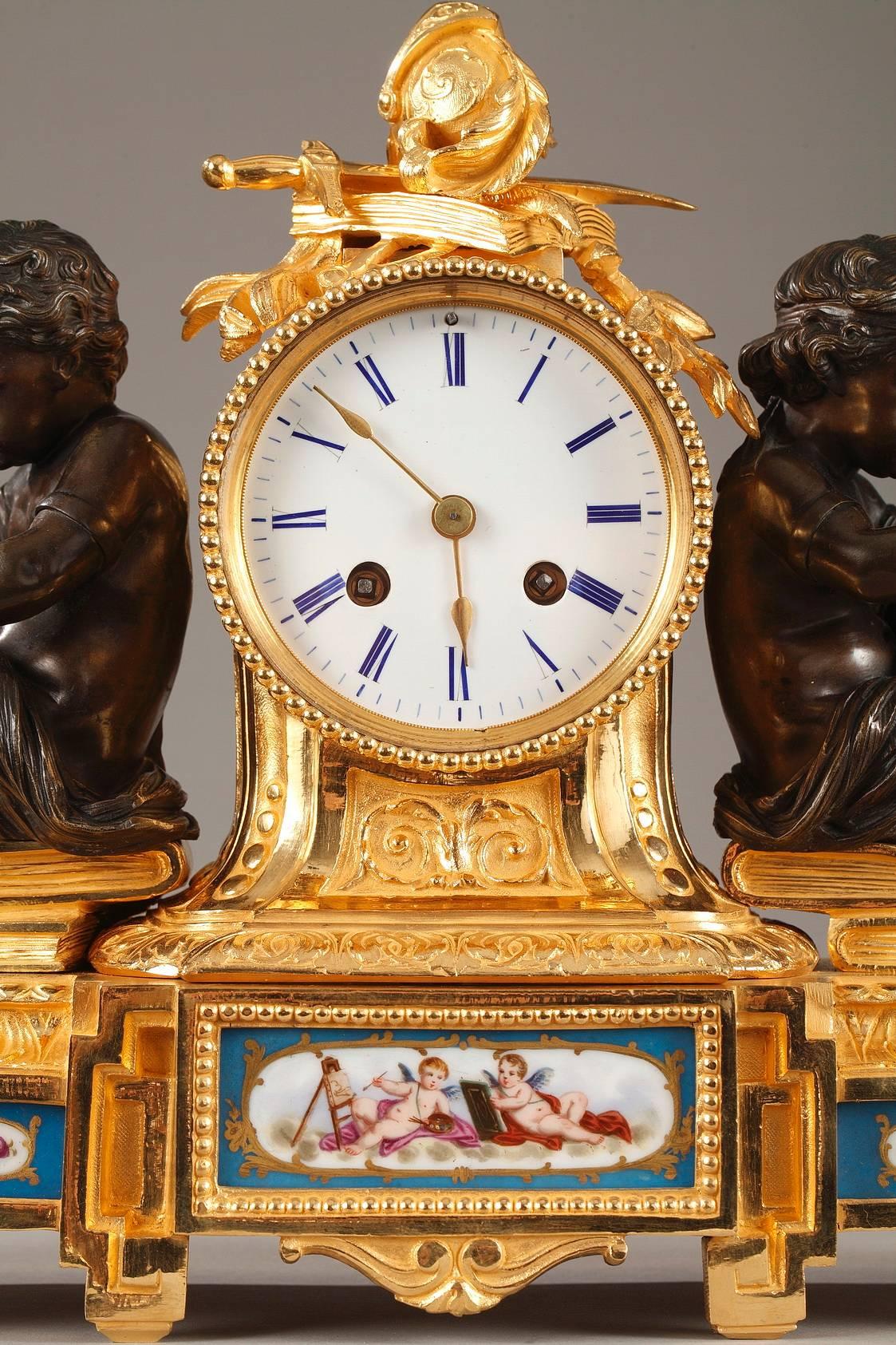 Napoleon III Bronze and Porcelain Mantel Clock in Louis XVI Style, 19th Century In Good Condition In Paris, FR