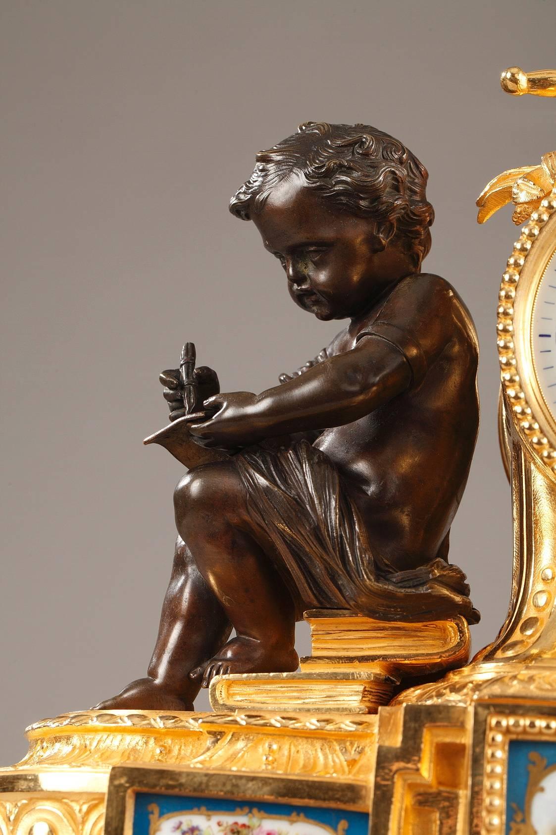Patinated Napoleon III Bronze and Porcelain Mantel Clock in Louis XVI Style, 19th Century